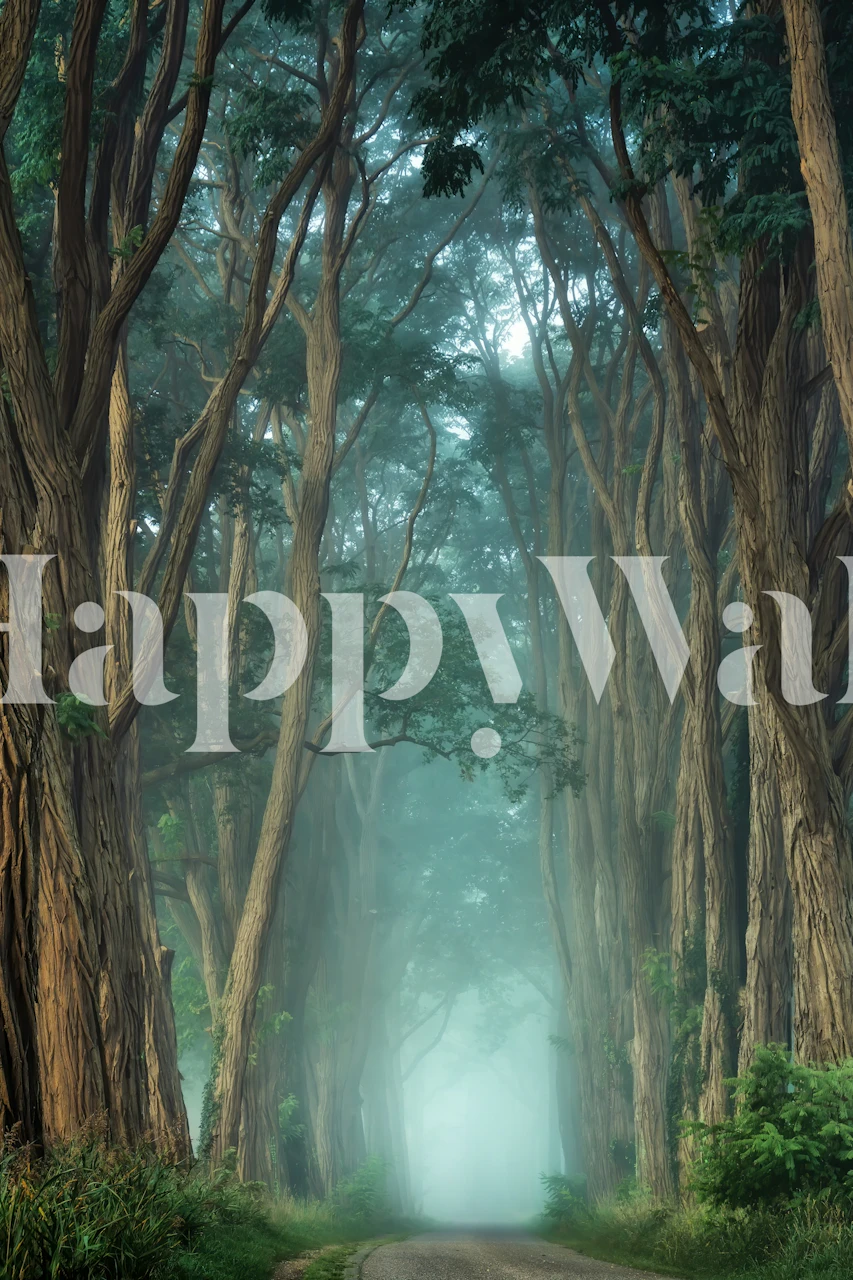 Forest path with tall trees and misty background wallpaper