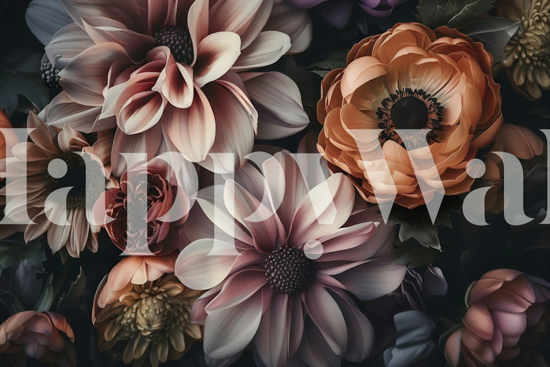 Dark floral design with soft pink and orange flowers, wallpaper