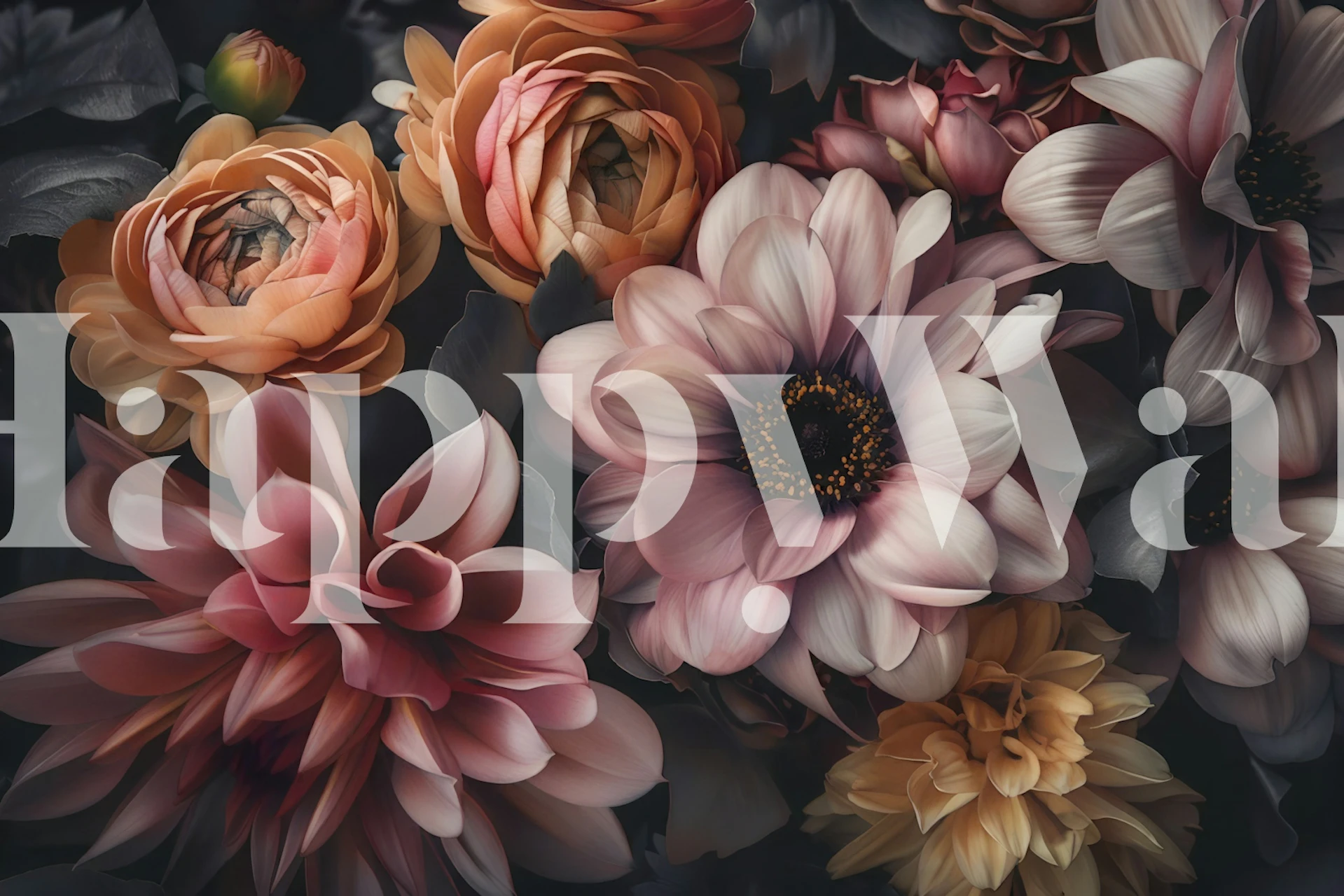 Moody floral wallpaper with soft blush, peach, and cream flowers