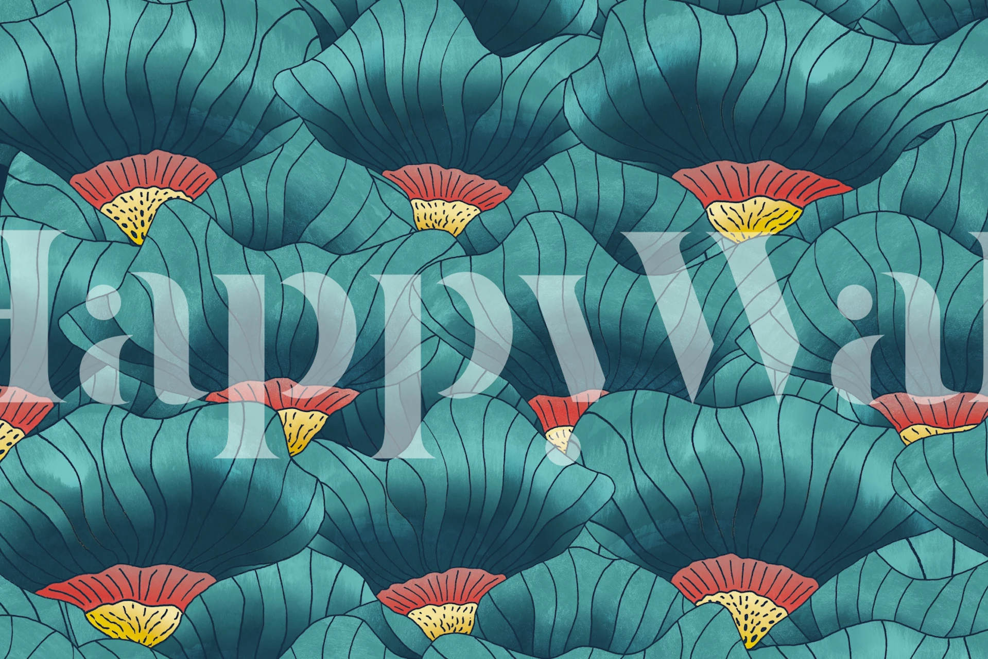 Teal tropical floral wallpaper with coral blooms and yellow accents