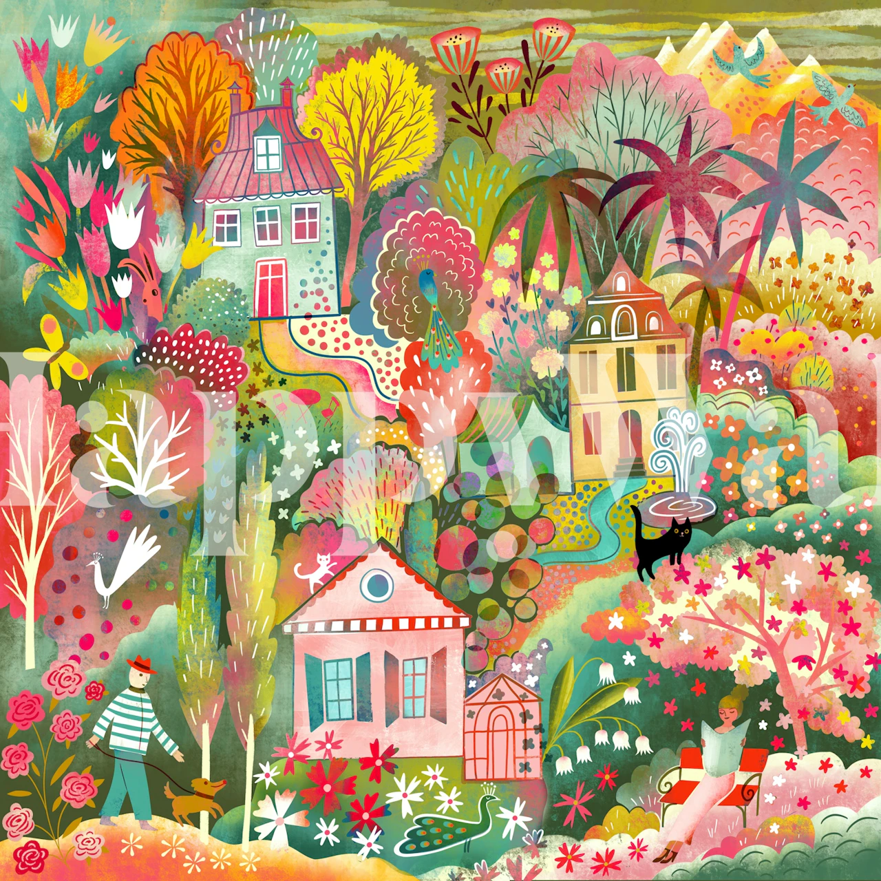 Colorful garden-themed wallpaper in a room