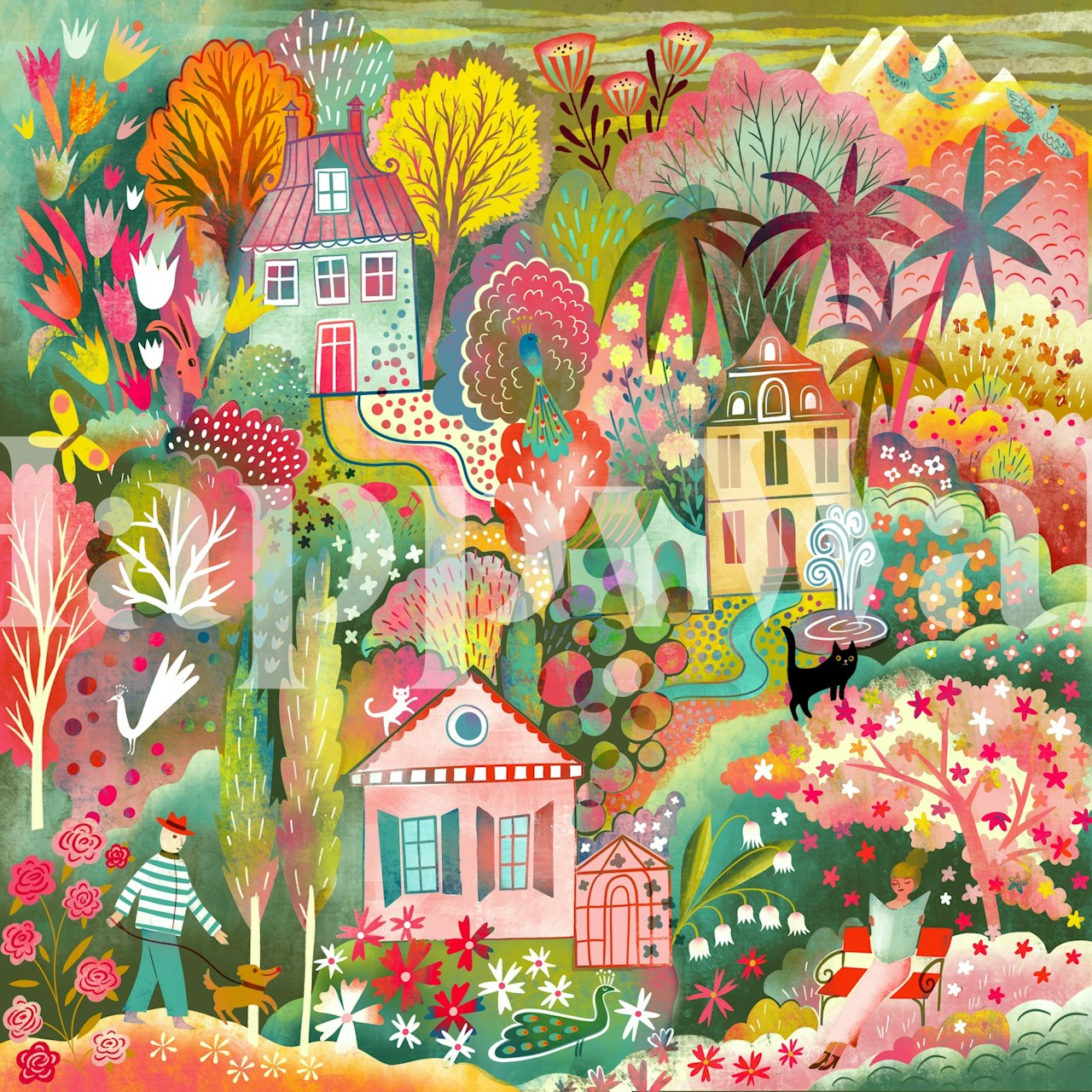 Colorful garden-themed wallpaper in a room
