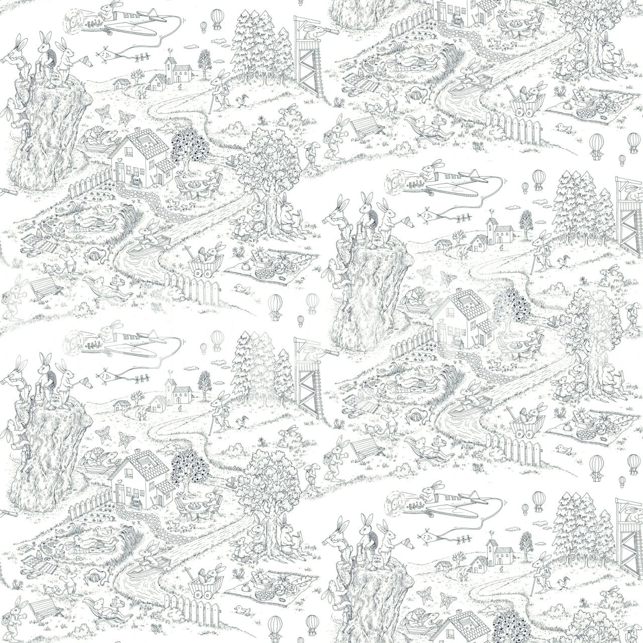 Countryside scene with rabbits, trees, and houses in black outlines on white background wallpaper