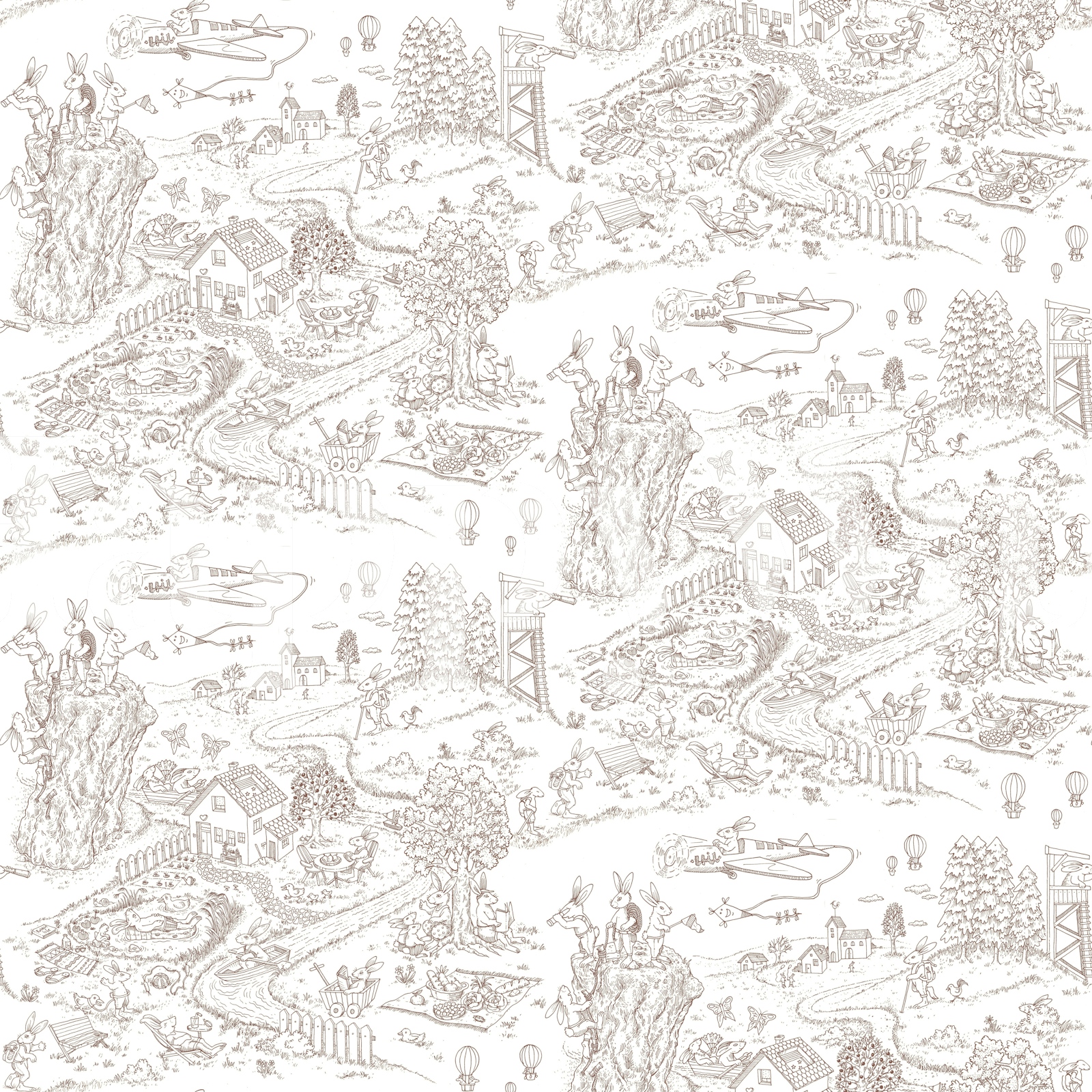 Countryside scene with rabbits, trees, and houses in black outlines on white background wallpaper