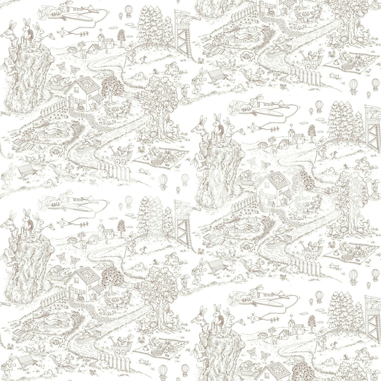 Countryside scene with rabbits, trees, and houses in black outlines on white background wallpaper