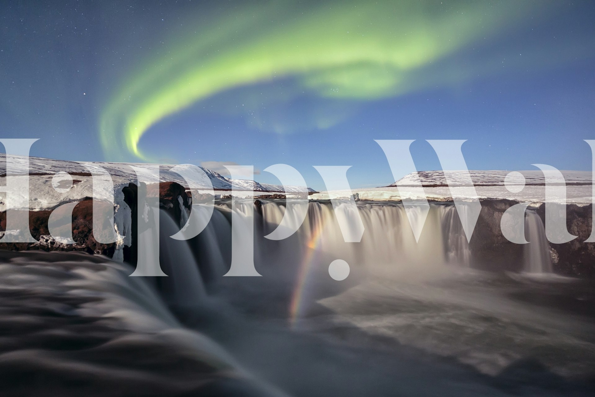 Aurora waterfall scene with green, blue and white colors wallpaper