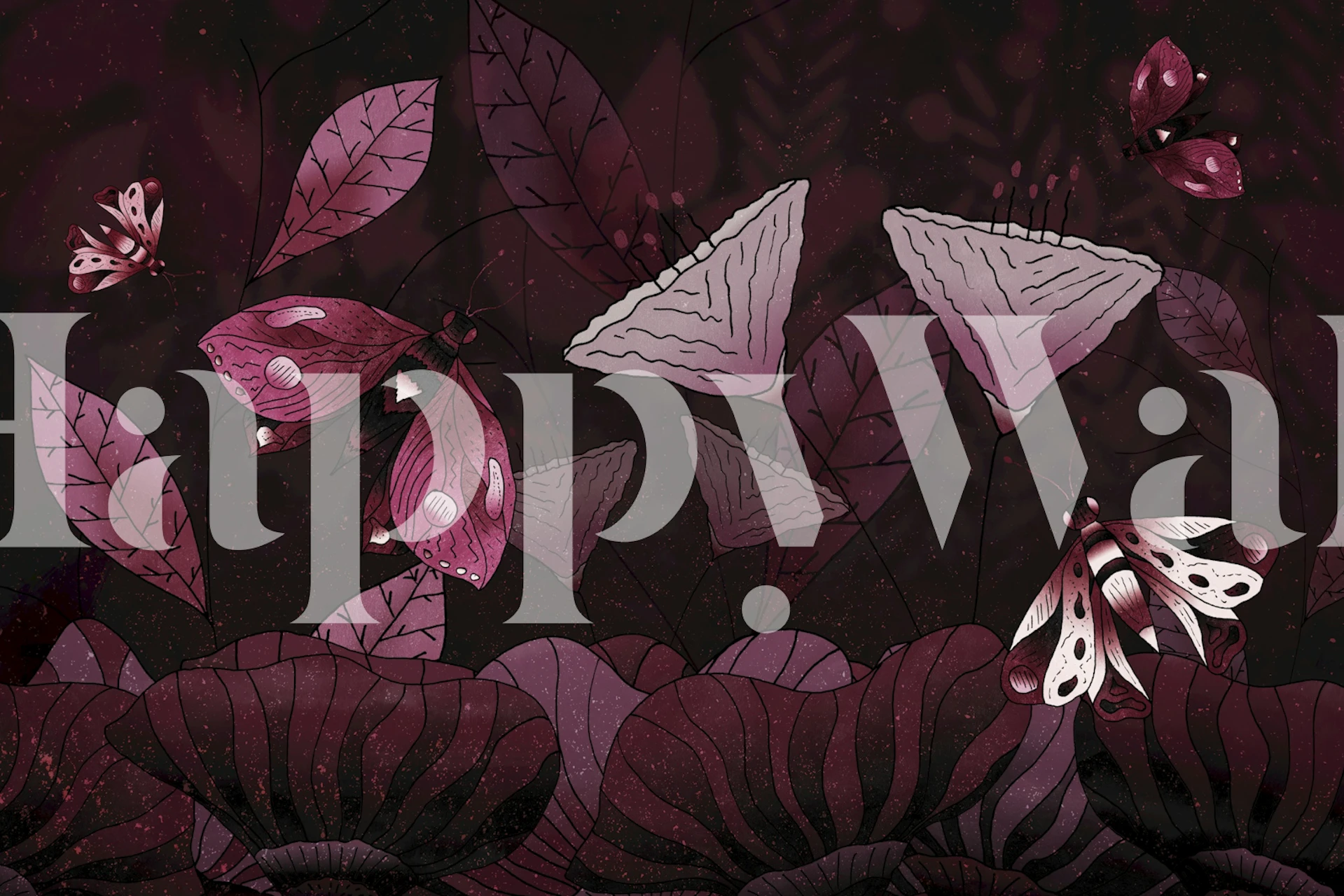 Burgundy and pink butterflies with floral elements wallpaper