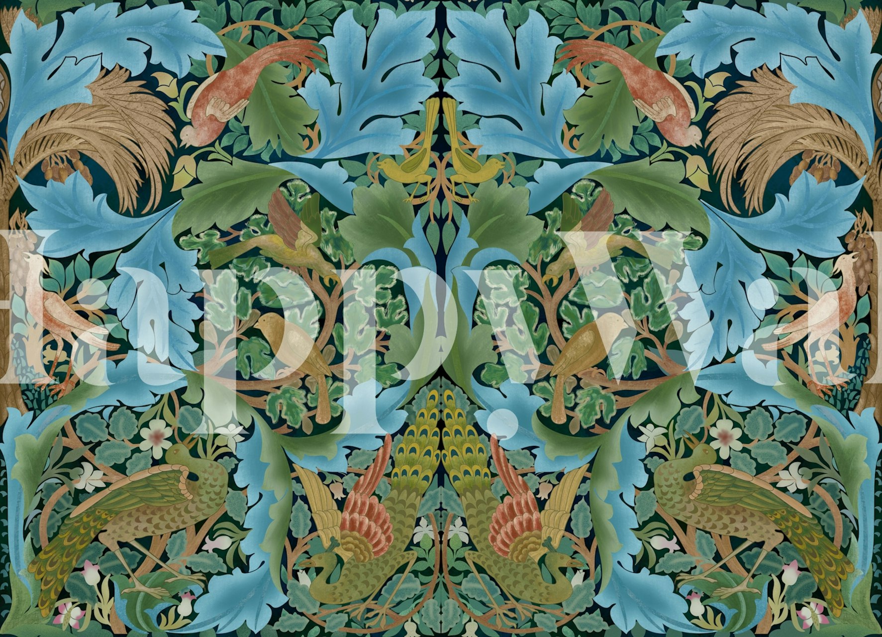 Peacock tapestry wallpaper design in a room