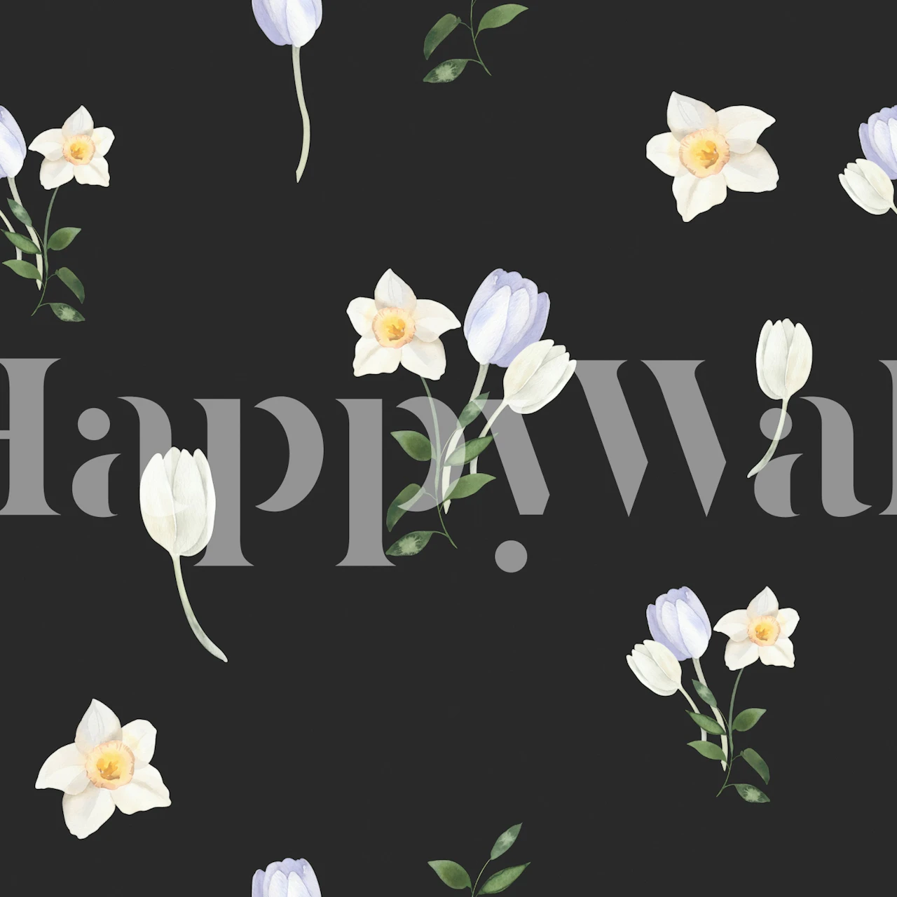 Black floral wallpaper featuring white and purple tulips
