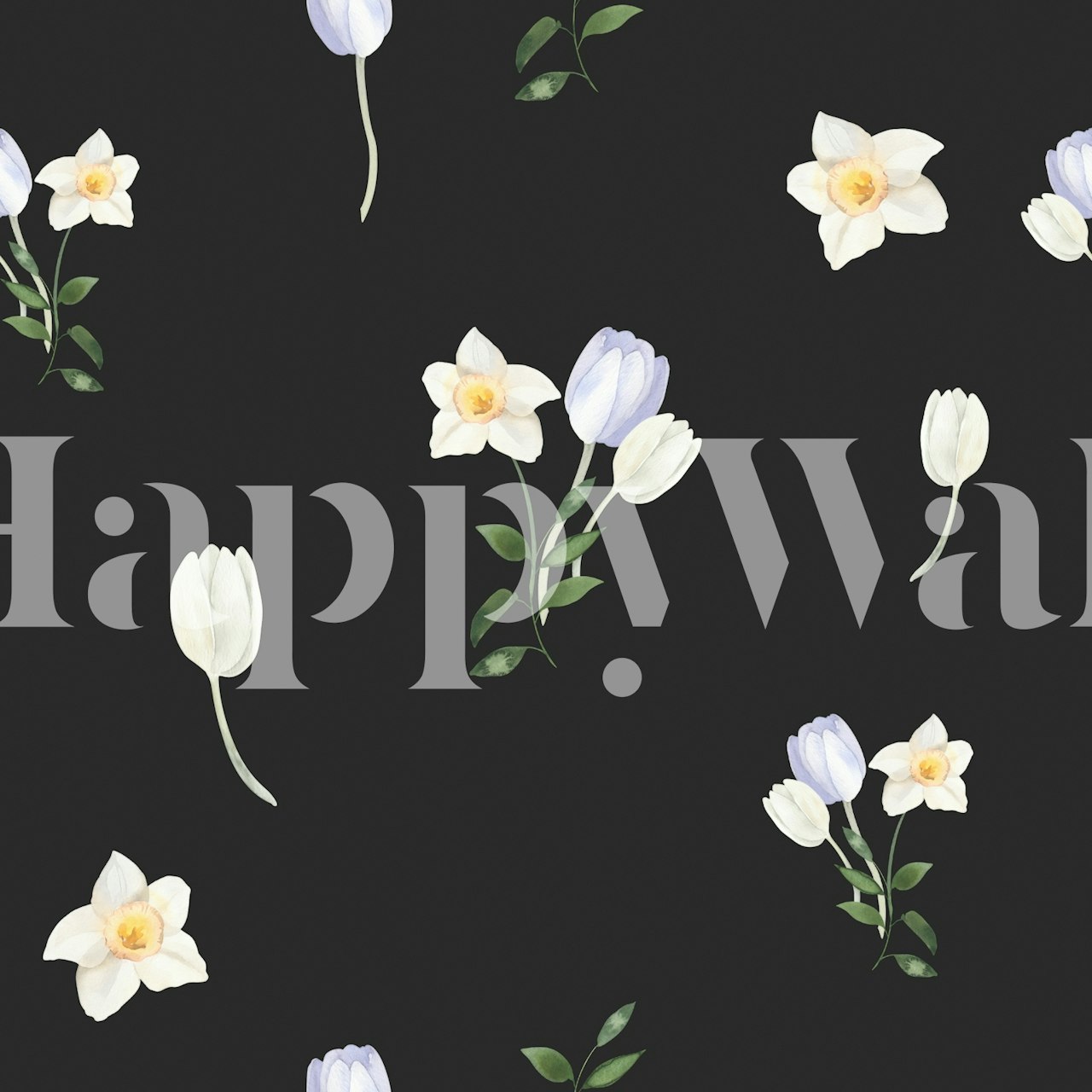 Black floral wallpaper featuring white and purple tulips