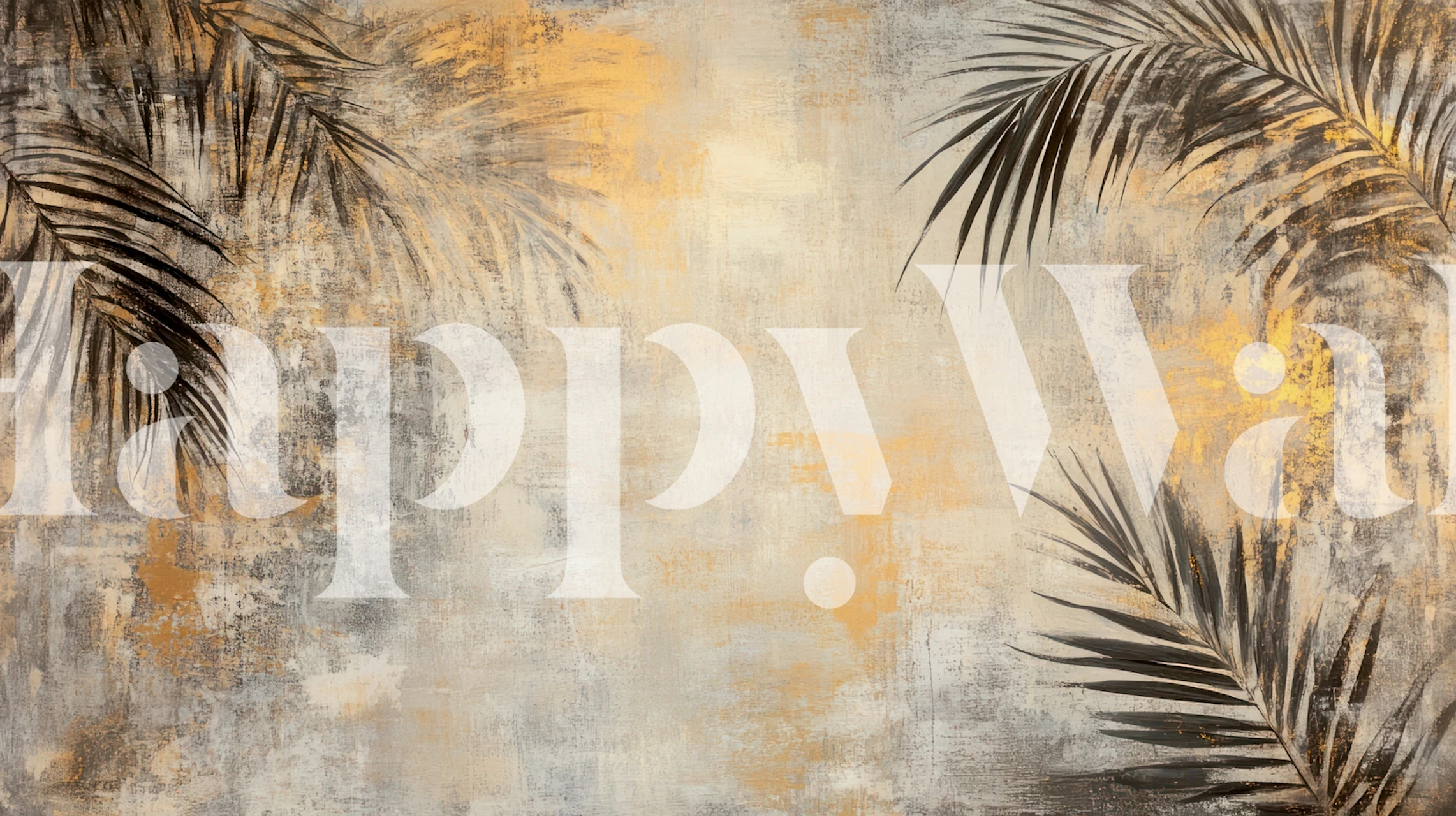 Palm leaves in black and gold on textured gray wallpaper