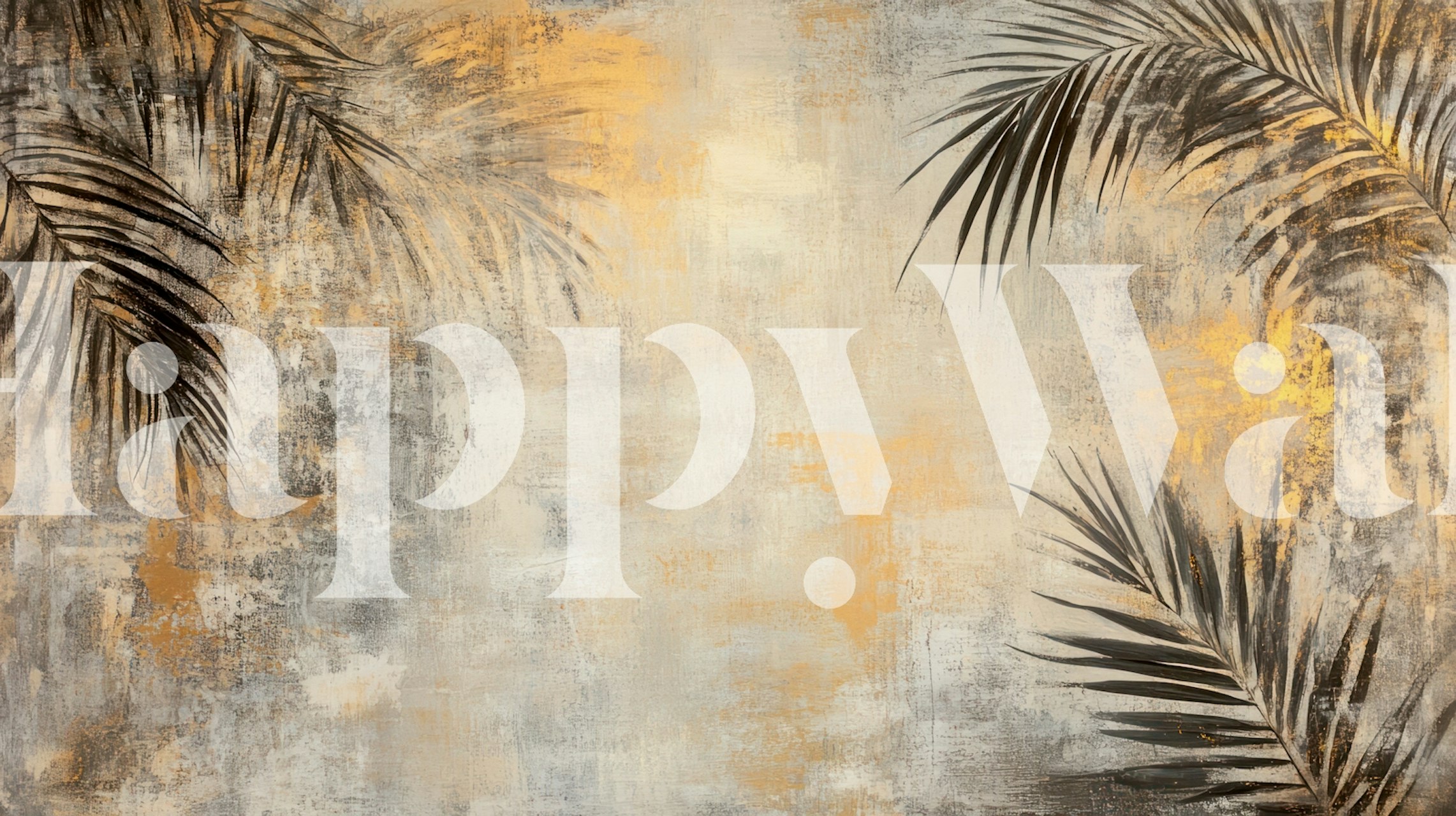 Palm leaves in black and gold on textured gray wallpaper