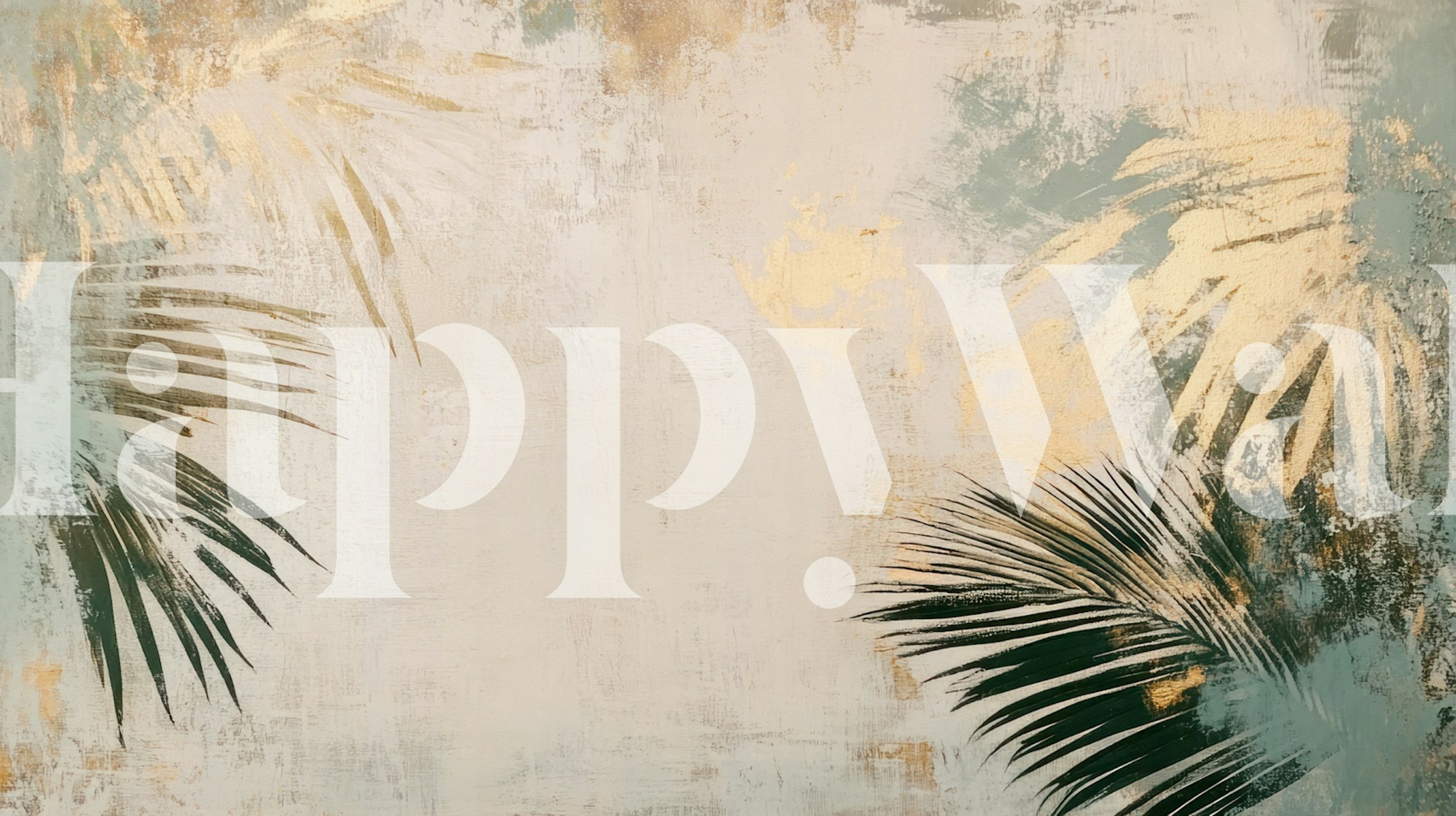 Palm leaves in green and gold on a textured background wallpaper