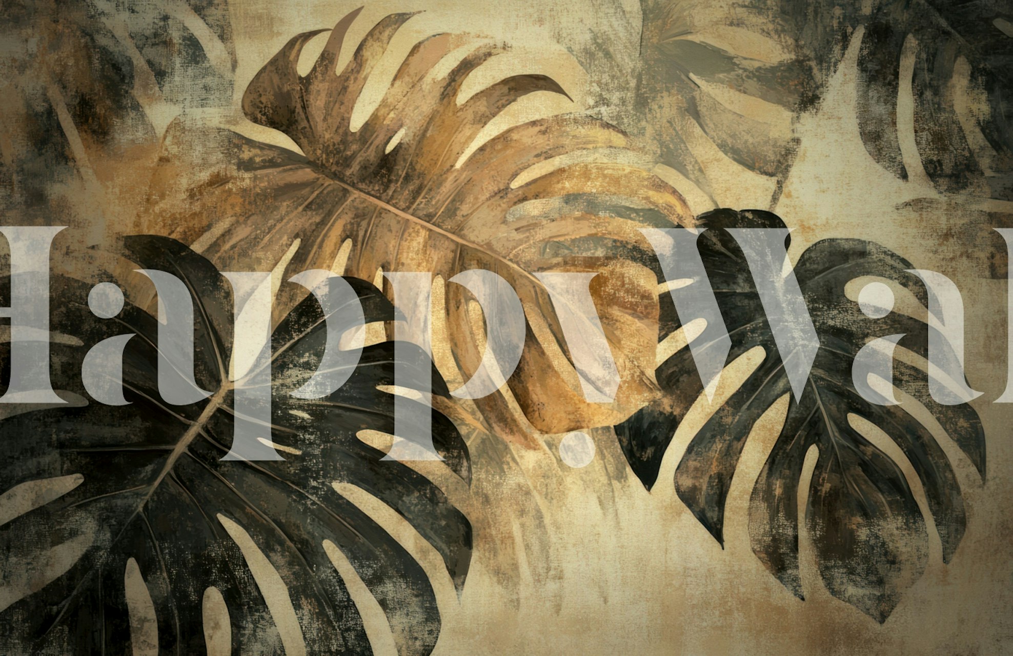 Feuilles tropicales noires et dorées sur fond texturé wallpaper