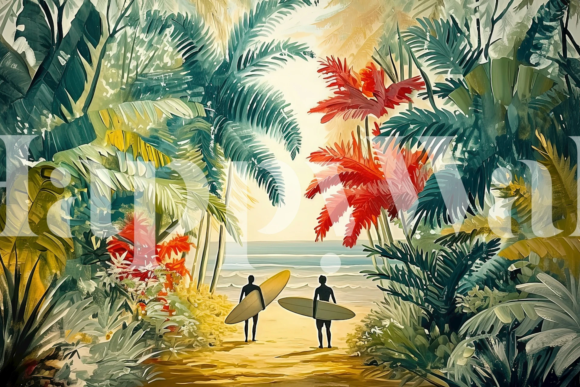 Surfers walking on a beach surrounded by palm trees wallpaper