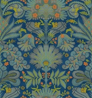 Botanic Damask Cobalt Blue Apple Green Orange tapet