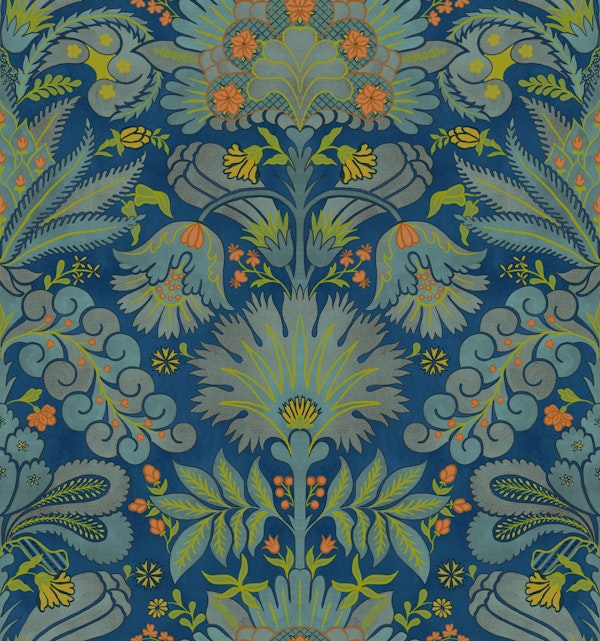 Botanic Damask Cobalt Blue Apple Green Orange