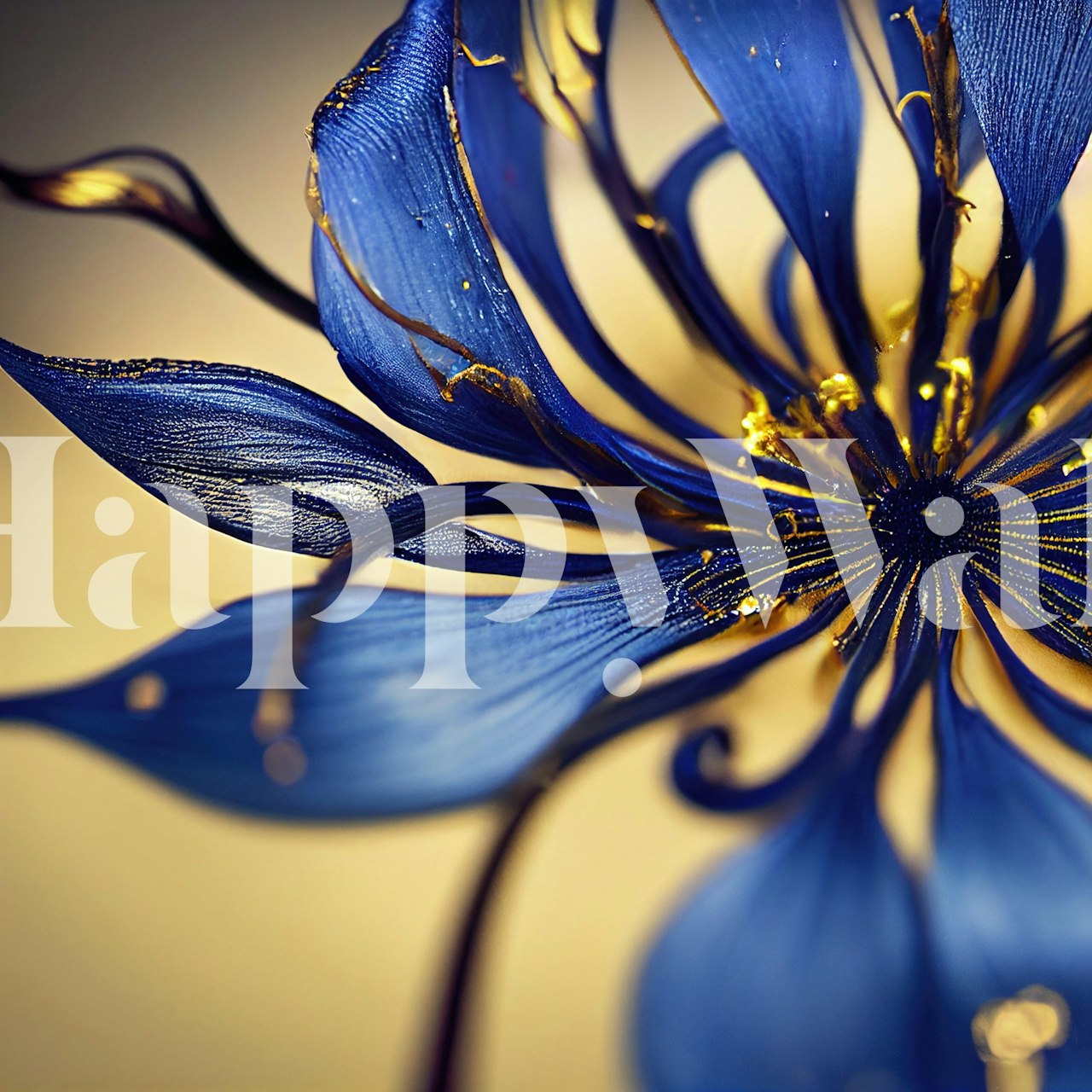 Large blue floral pattern with golden accents on cream wallpaper