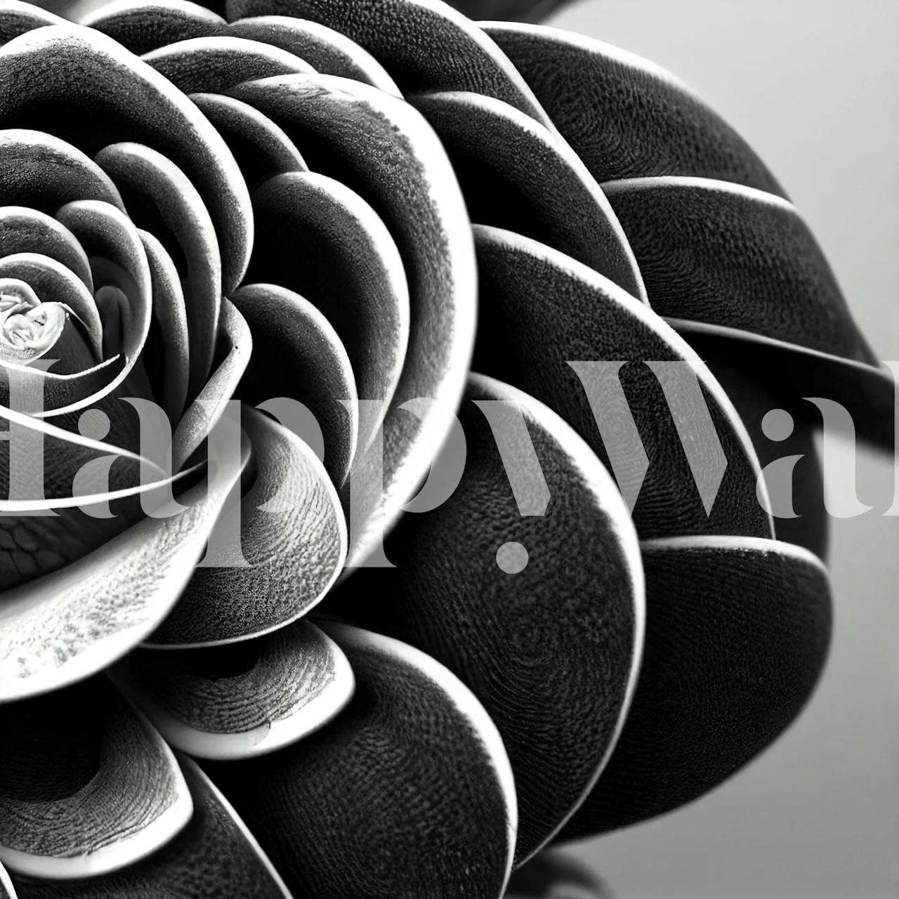 Close-up of black and white floral wallpaper with intricate petal details.