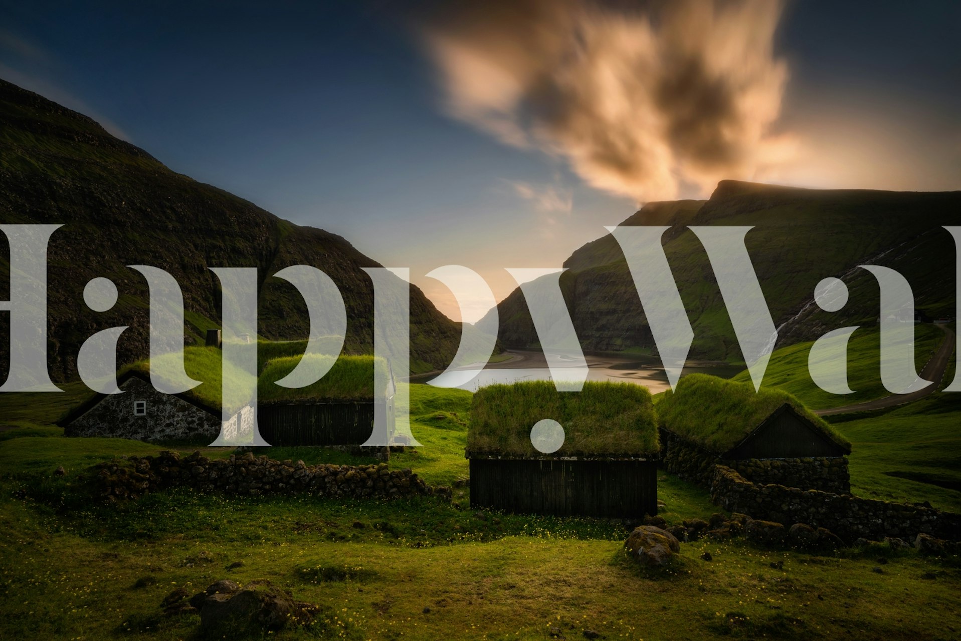 Saksun Village wall mural featuring grass-roofed houses and a serene lake