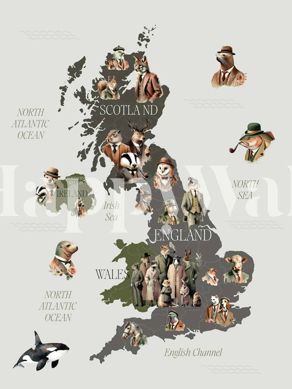 Charming British Animal Map tapet i ett rum