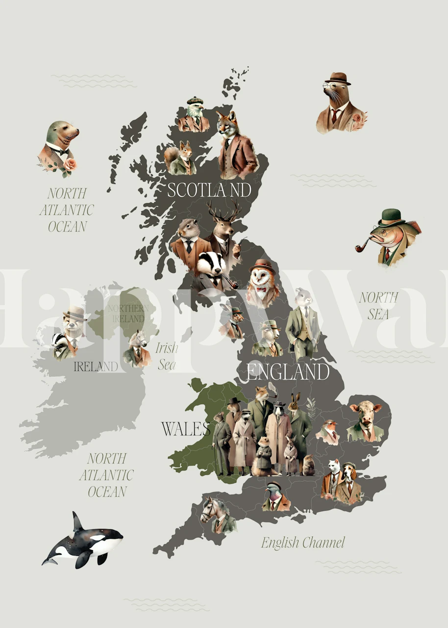 Carta da parati con mappa degli animali britannici in una stanza arredata