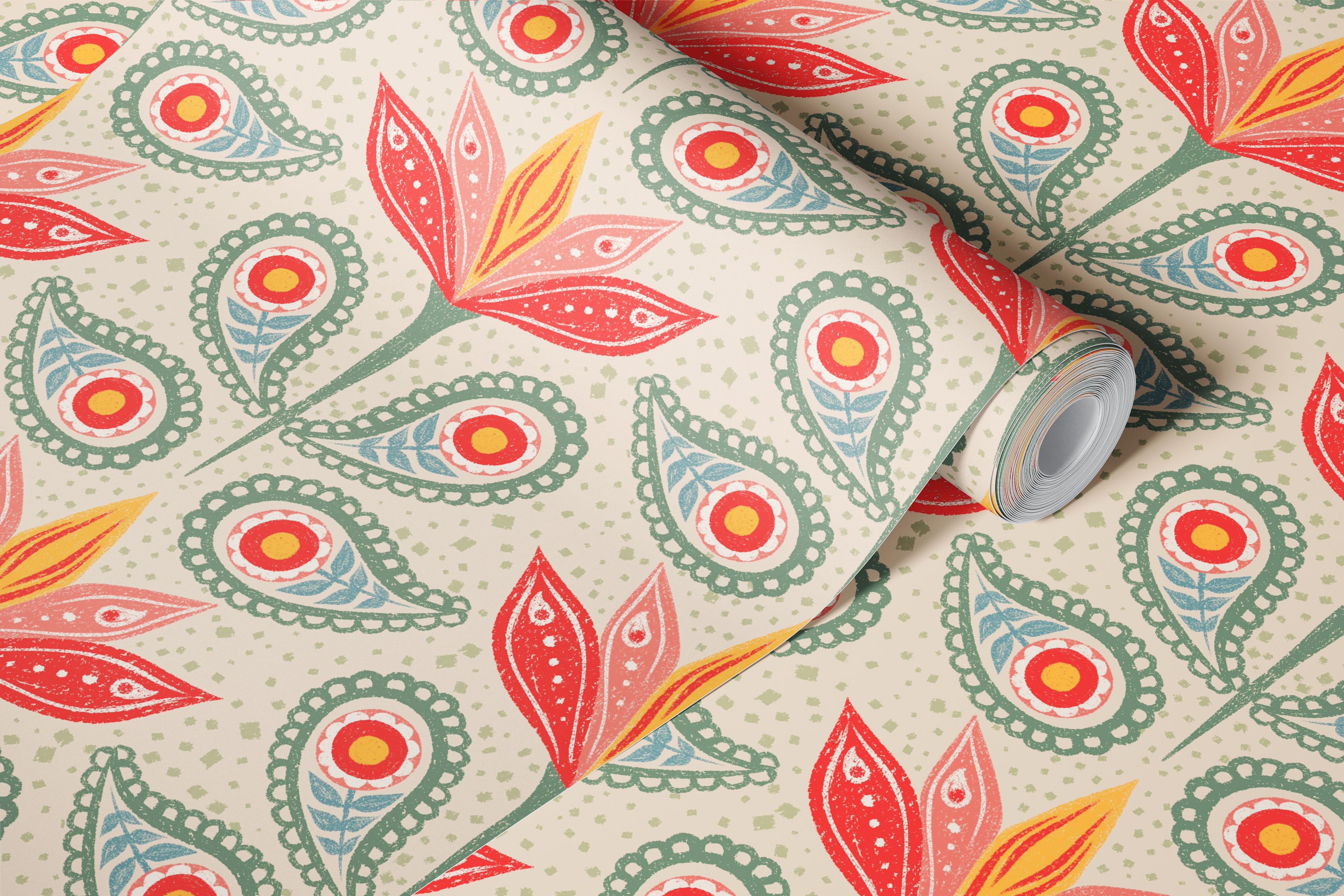 Colorful paisley floral design in beige, green, and pink wallpaper