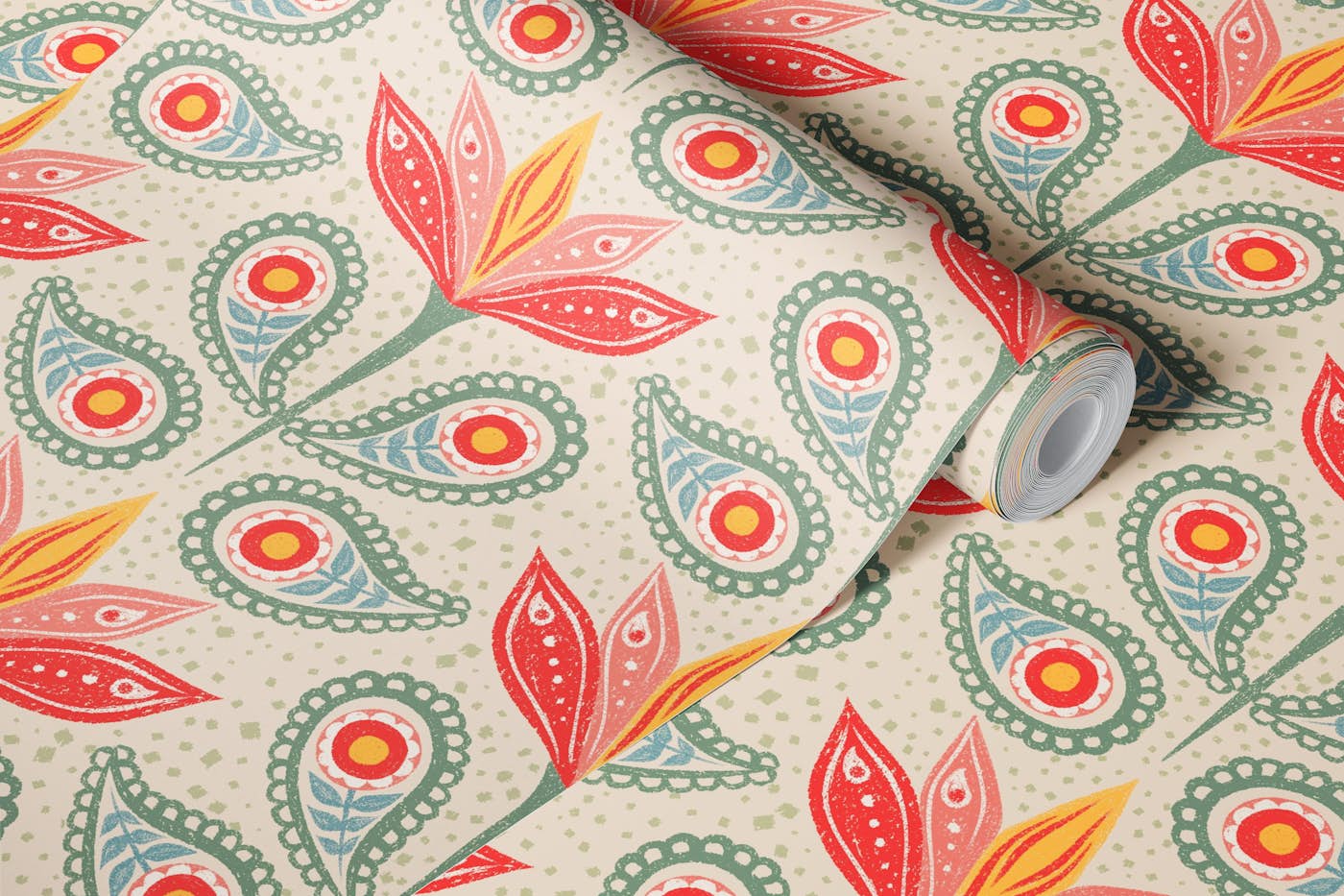 Modern Paisley Floral Beige Green Pink wallpaper roll