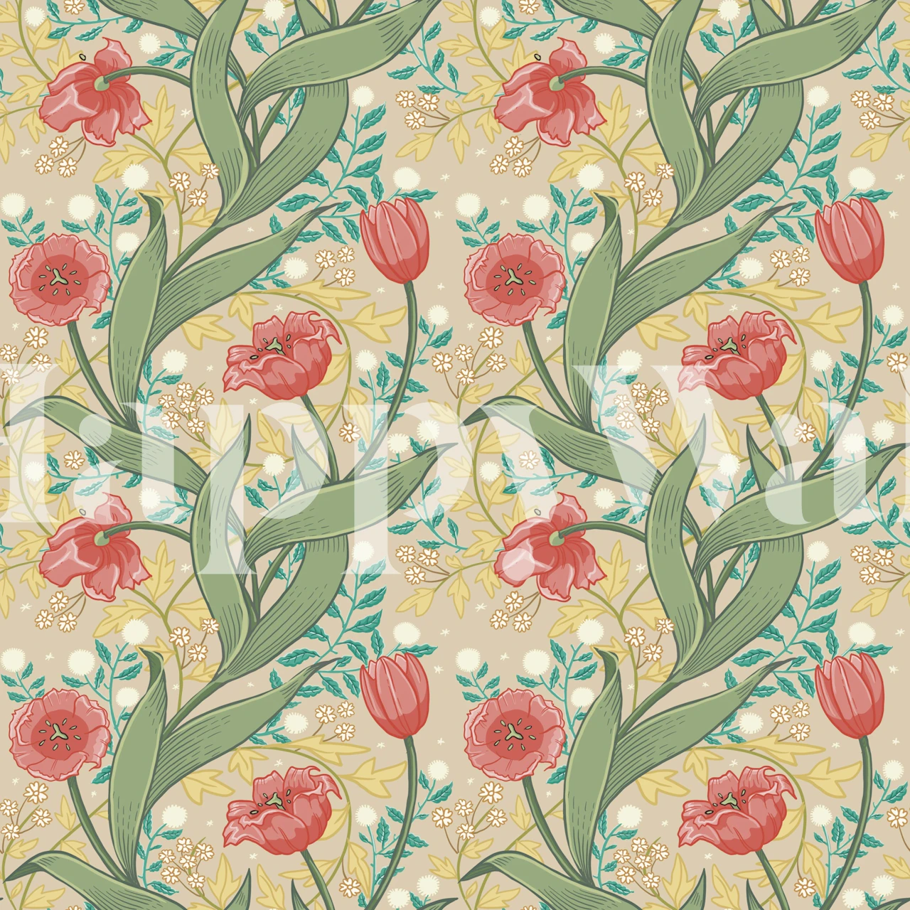 Colorful floral pattern with pink flowers and green leaves wallpaper