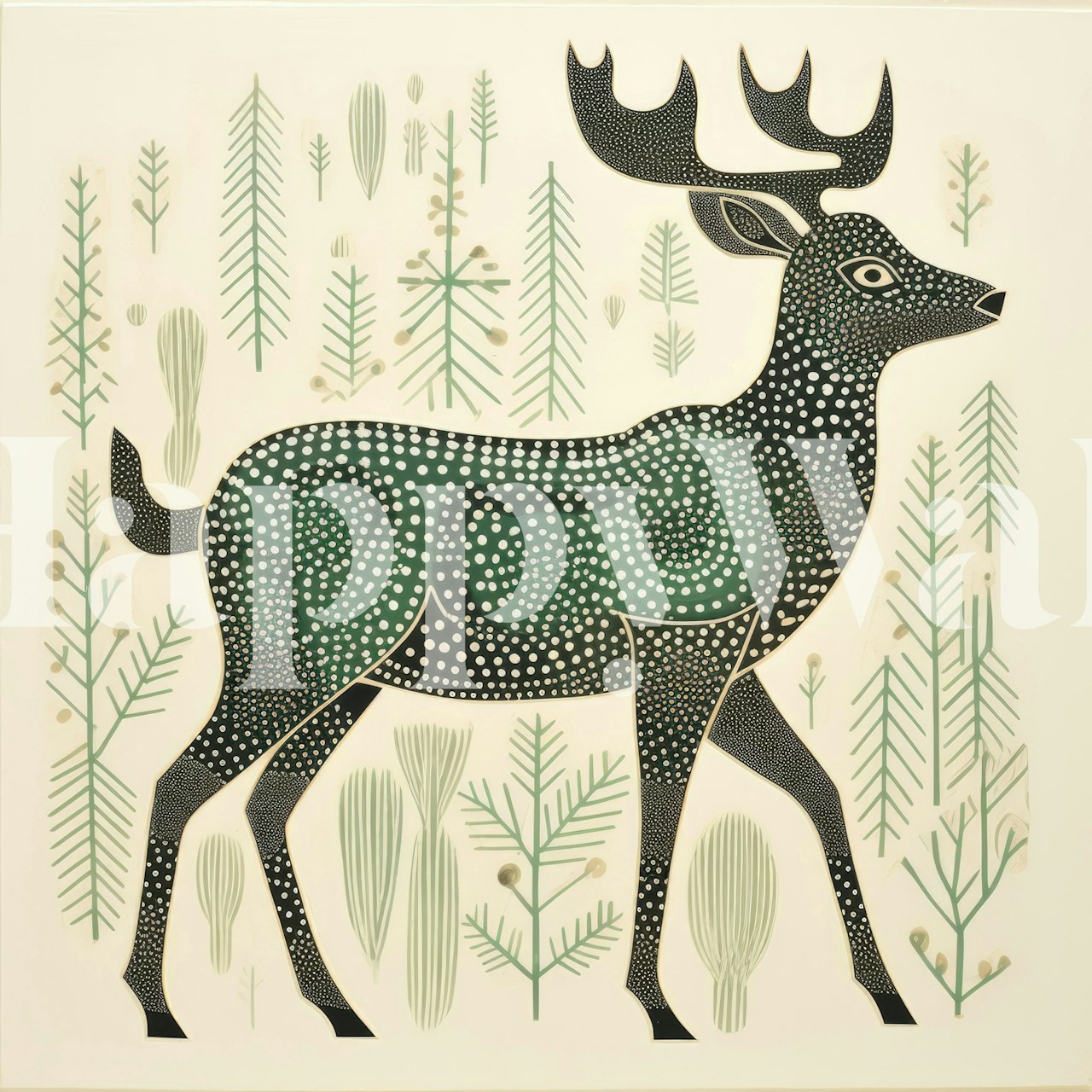 Folk art caribou illustration surrounded by green trees wallpaper