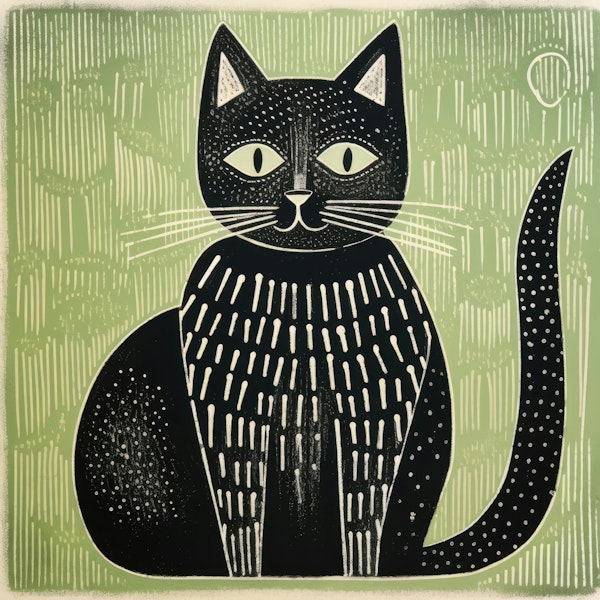 Black Folk Cat on Sage Green