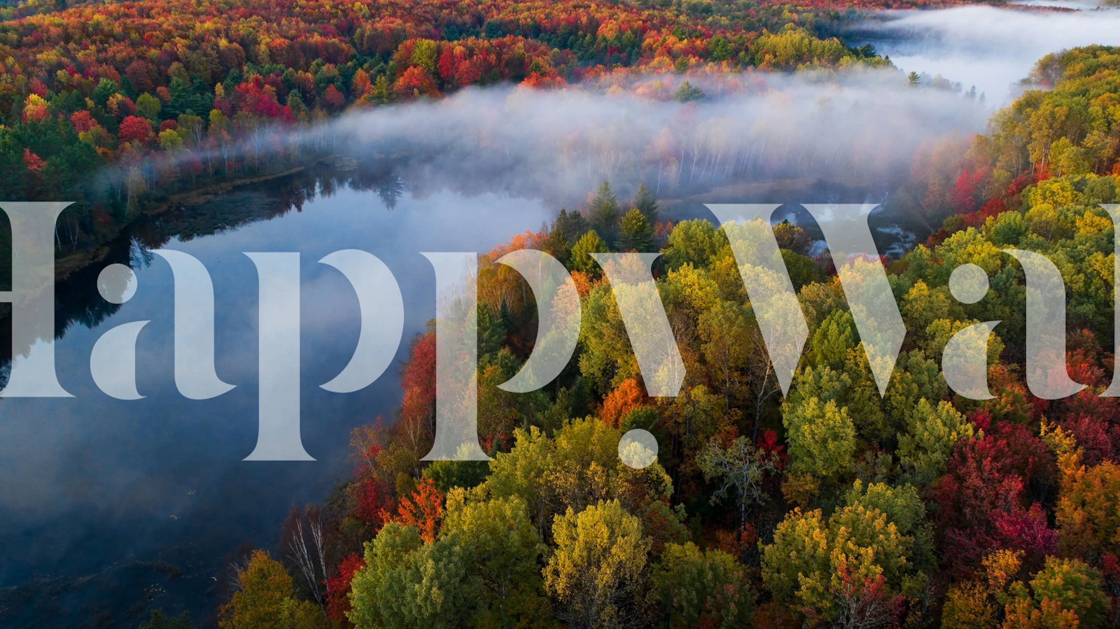 Aerial view of autumn forest with colorful trees and fog over a lake wallpaper