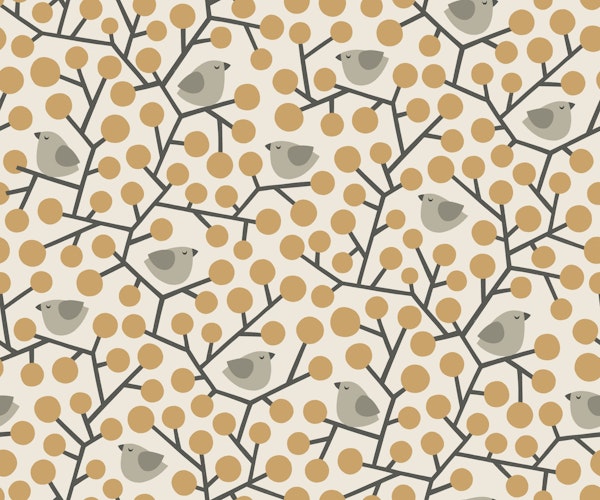 birds on branches - beige, mustard, black