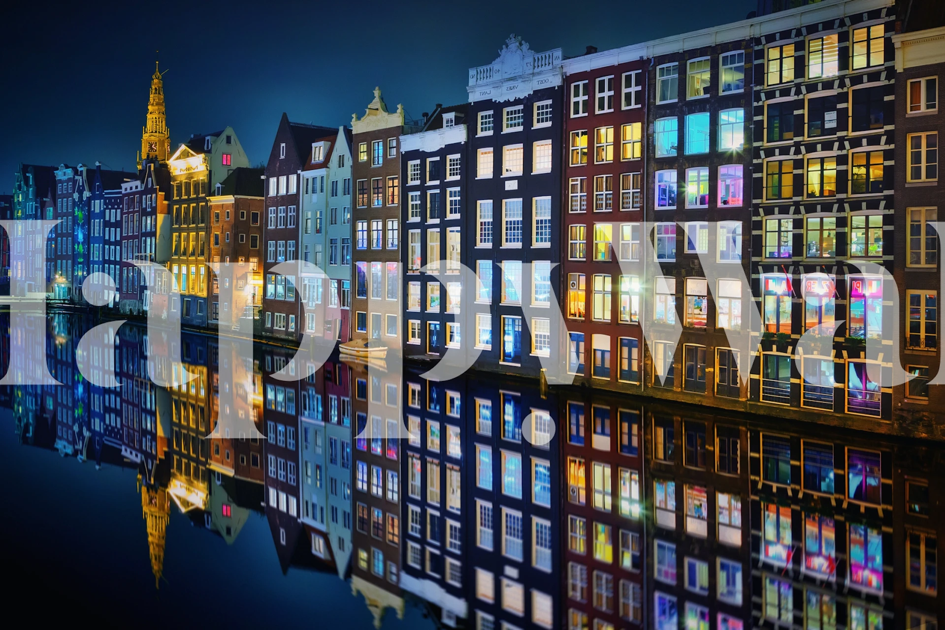 Colorful buildings along Amsterdam canal at night wallpaper