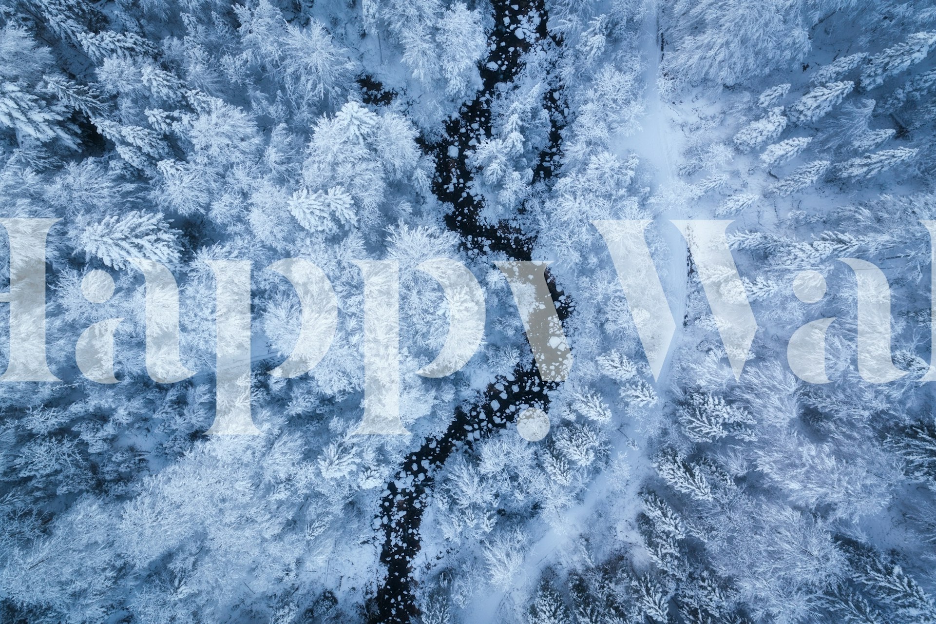 Frosted trees and winding river in winter landscape wallpaper