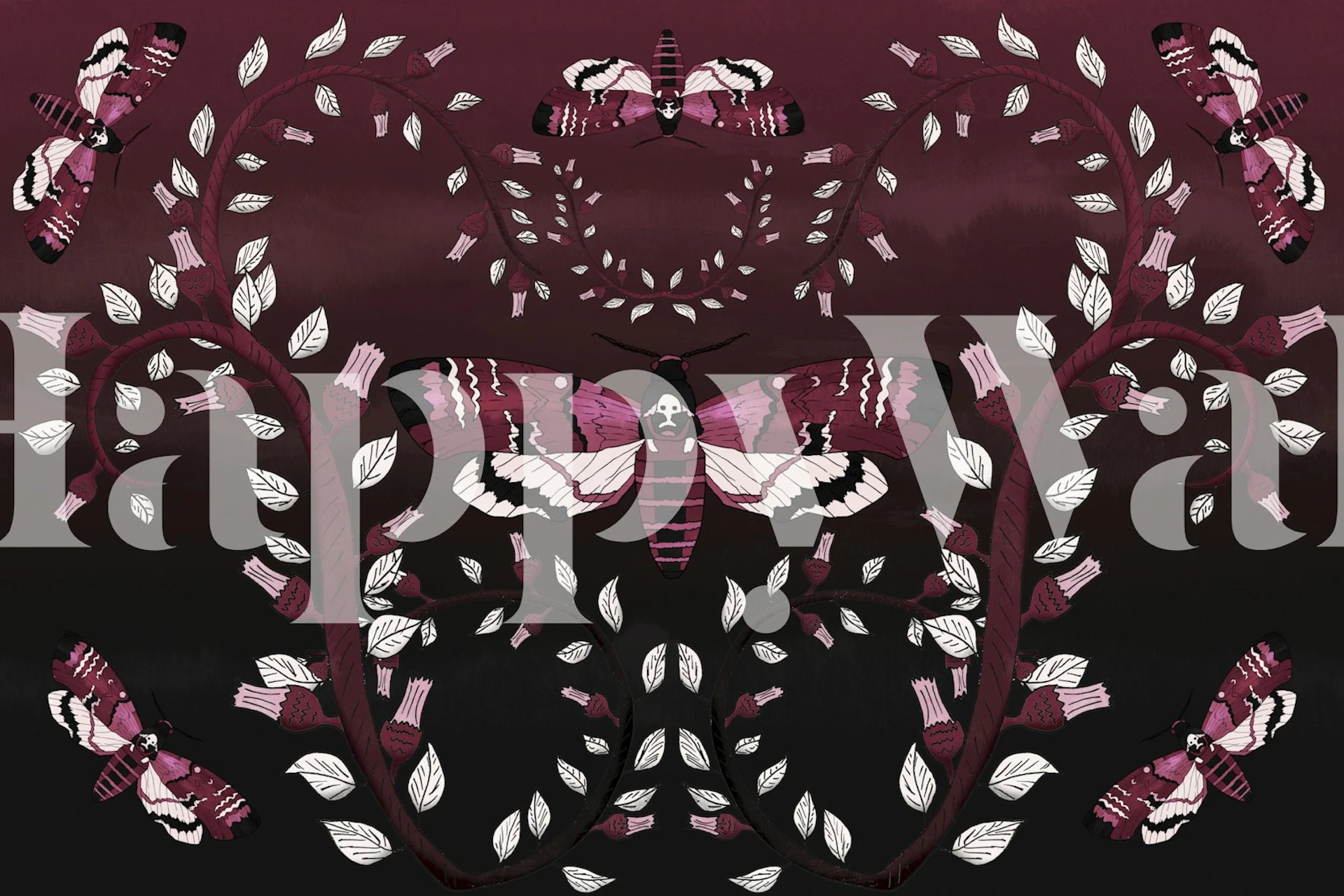 Pink floral pattern with butterfly motifs on dark background wallpaper