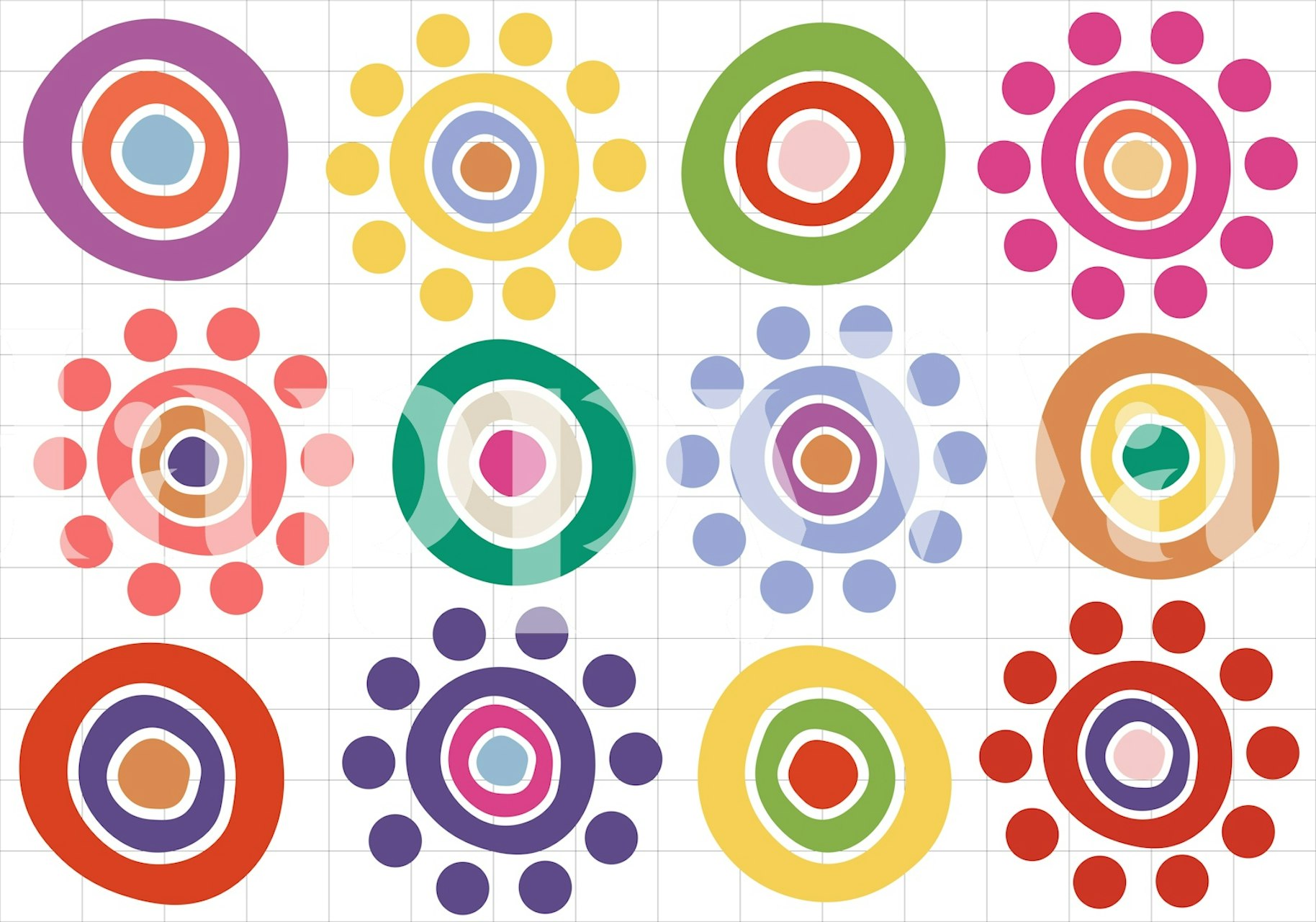 Colorful geometric circles in pink, green, yellow, and blue wallpaper
