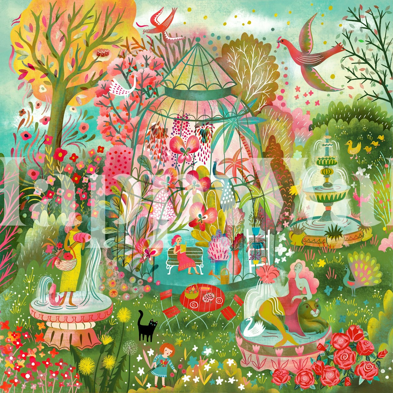 Tropical greenhouse peacock fountain garden behang