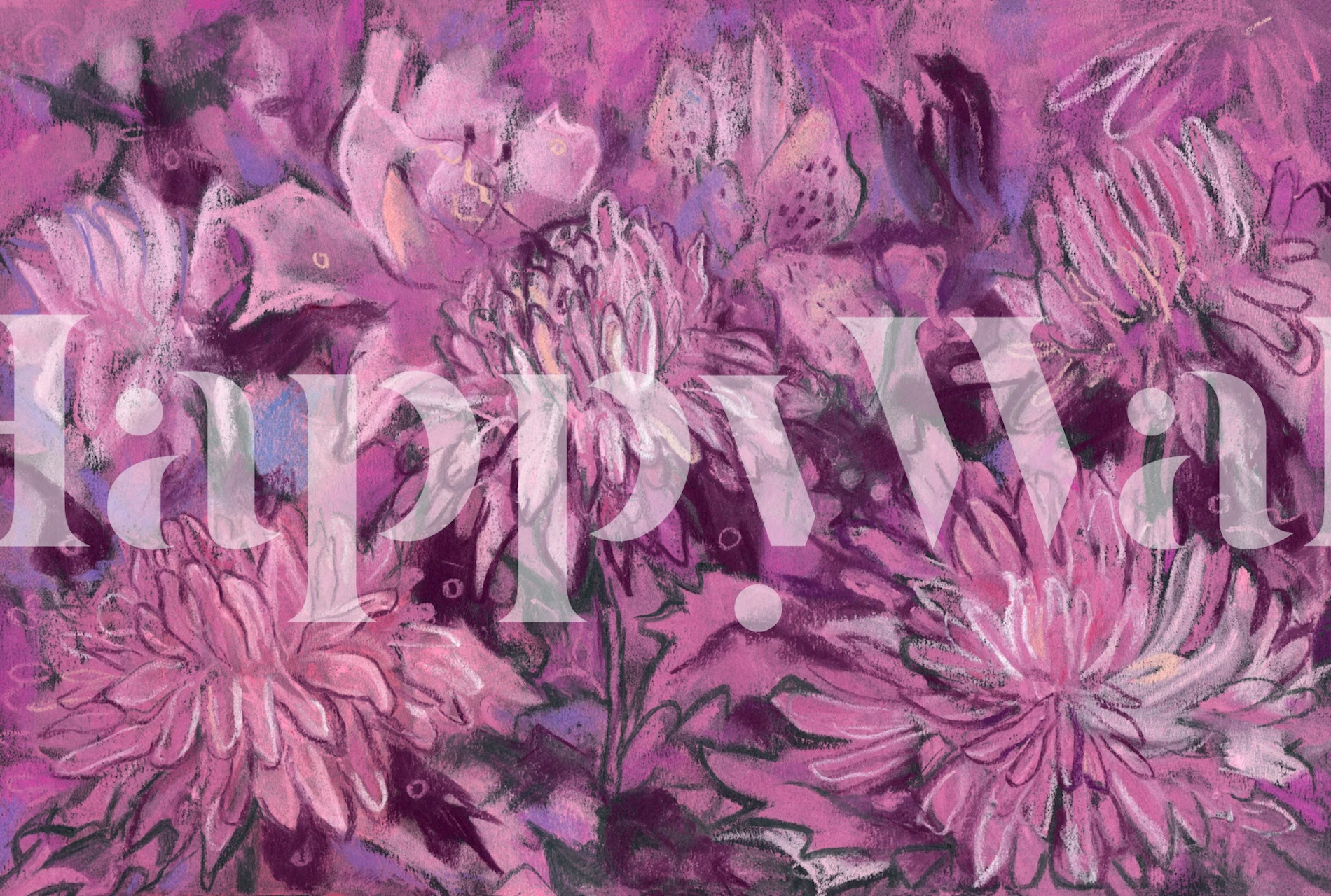 Pink chrysanthemums with purple accents in a floral wallpaper design