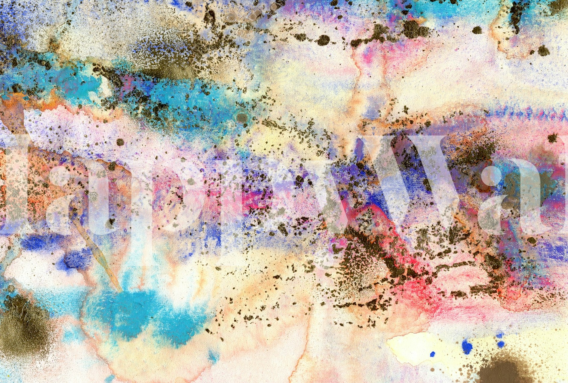 Colorful abstract artistic wallpaper with blue, pink, yellow splashes and textures.