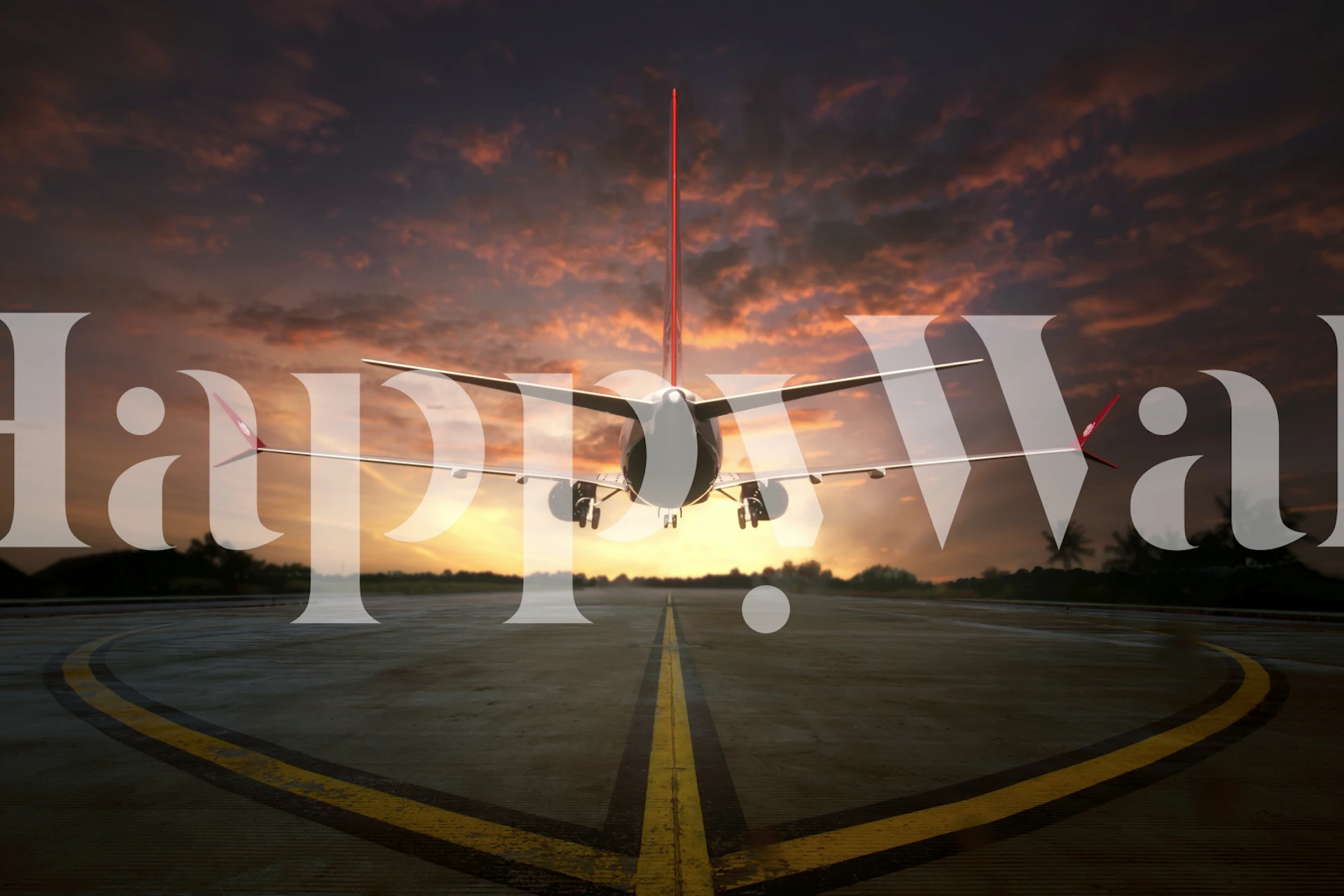 Airplane taking off against a sunset backdrop, orange and purple hues, stunning wallpaper