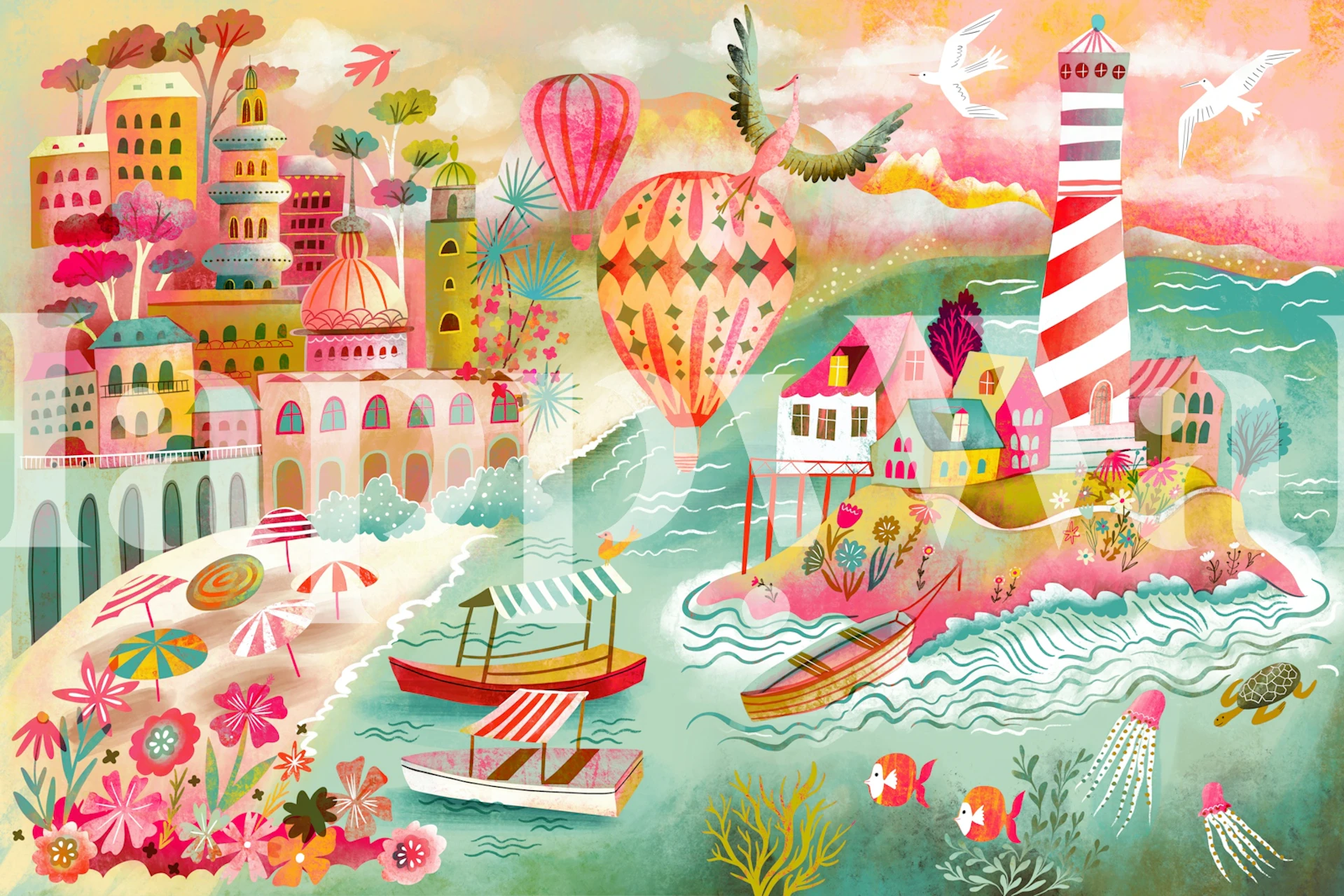 Boats and lighthouse beach dream wallpaper