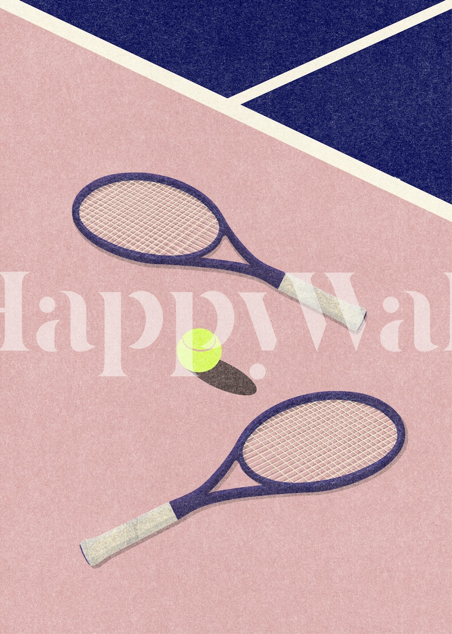 Tennis rackets, yellow ball on pink court with navy accents wallpaper
