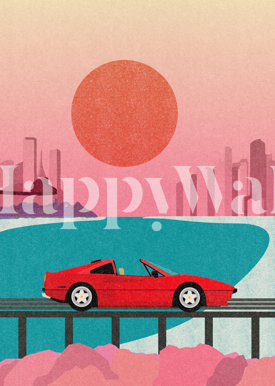 Retro car with sunset and ocean colors wallpaper