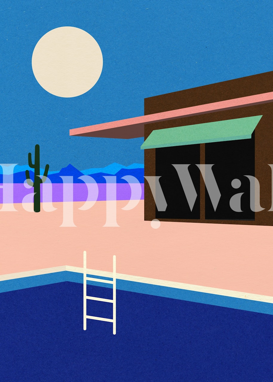 Desert house by night with cactus, pool, blue sky wallpaper