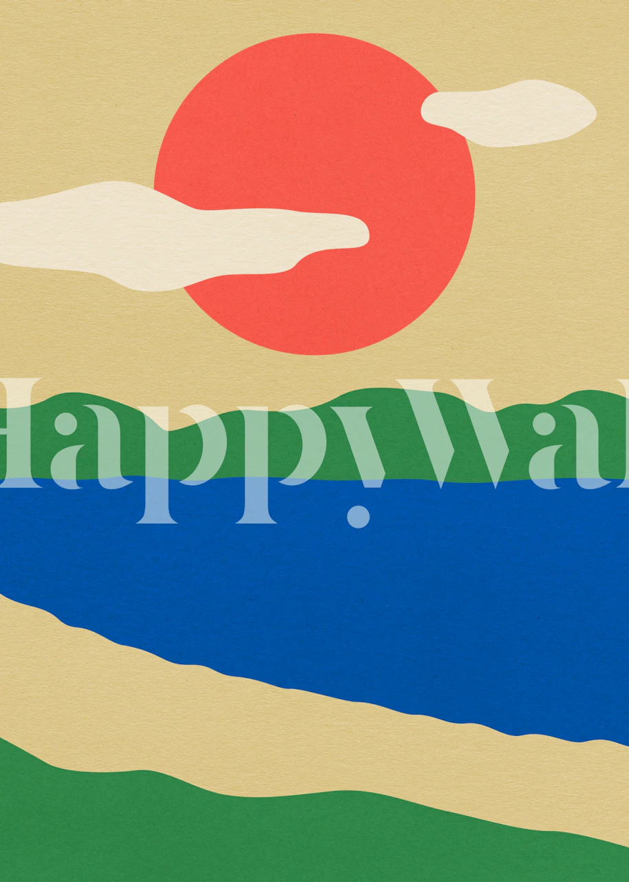 Colorful summer landscape mural with blue water, green hills, and red sun wallpaper