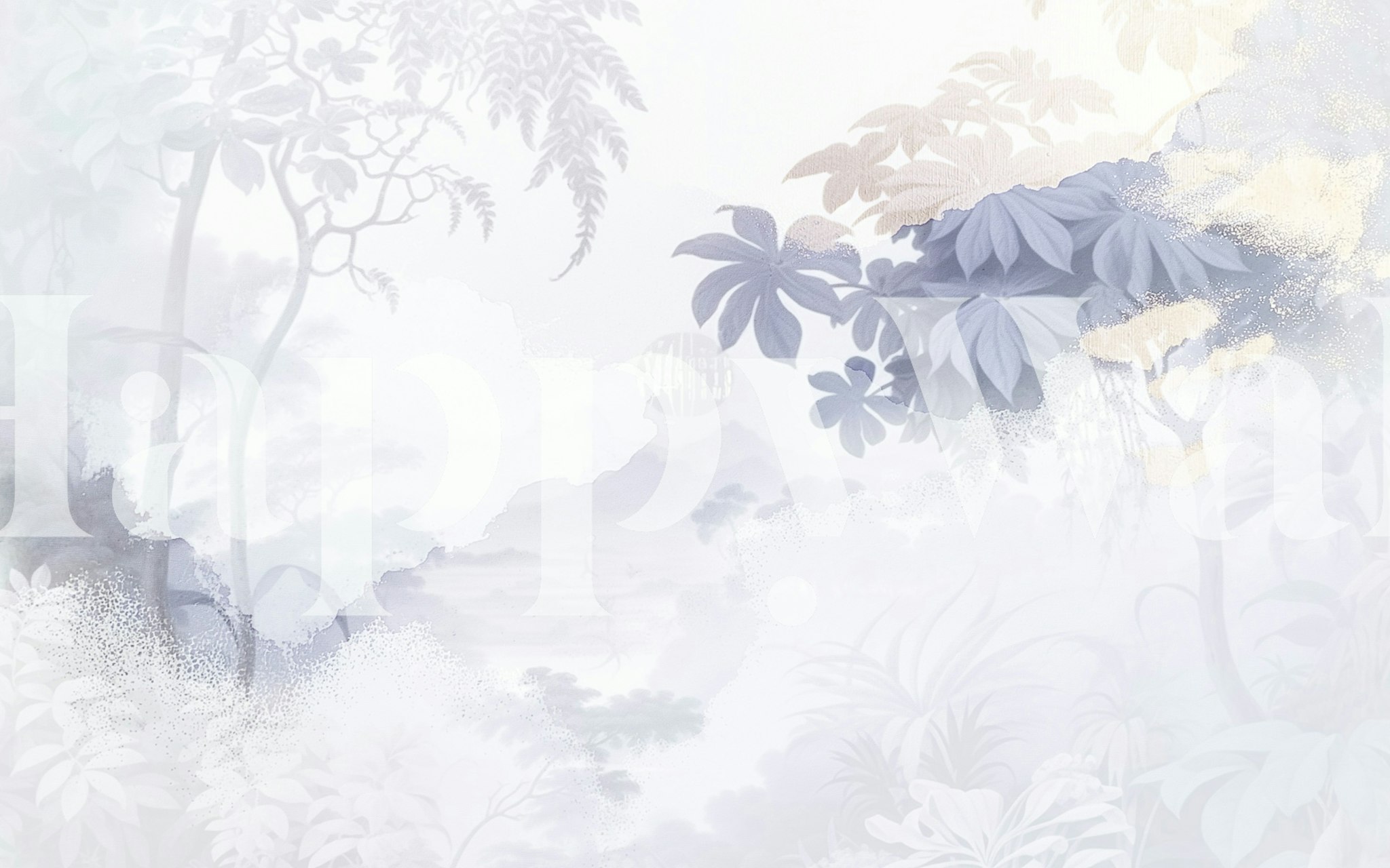 Misty landscape wallpaper with soft gray foliage and mountains