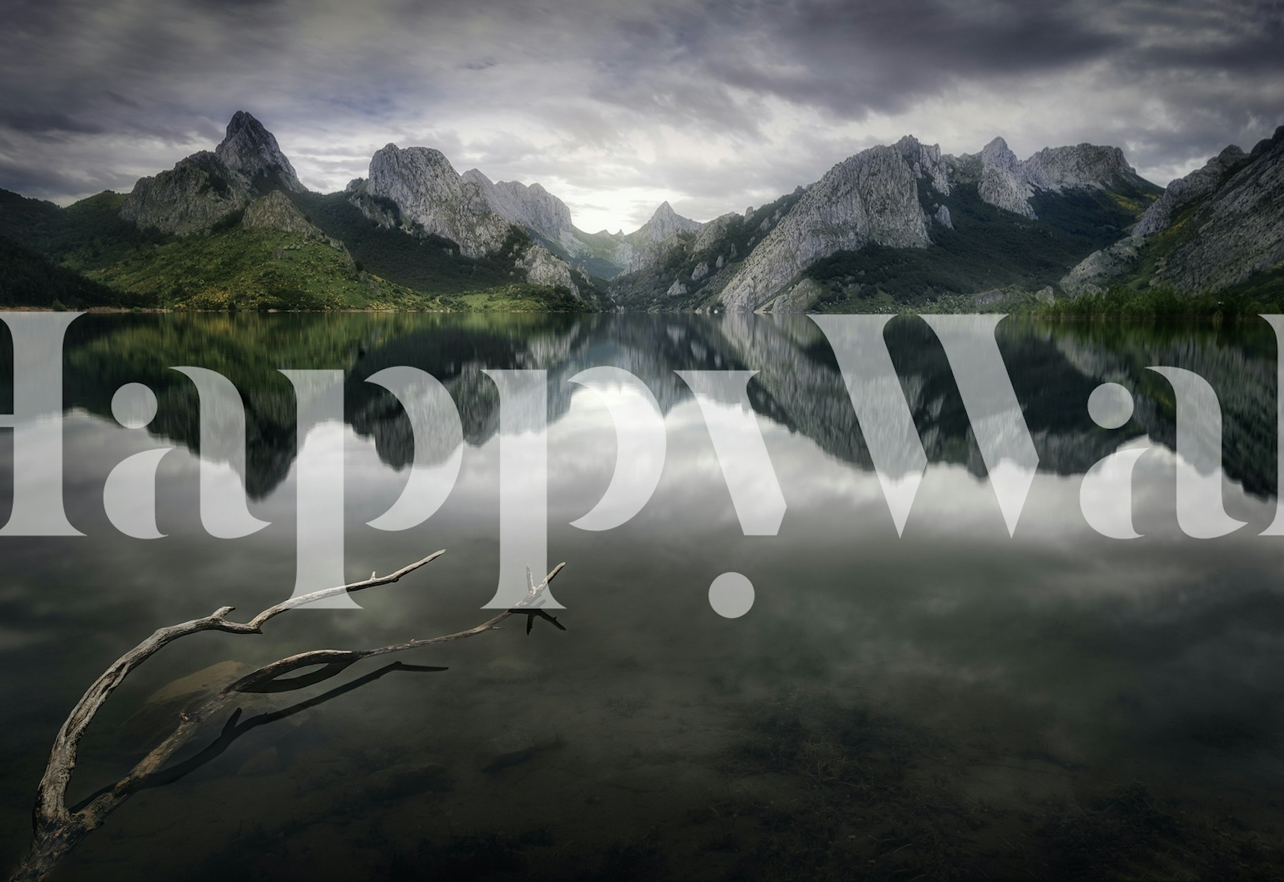 Rustig meer met bergreflectie muurschildering