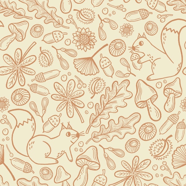 Squirrel and Woodland Foliage in beige