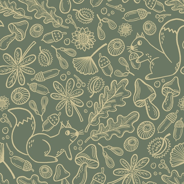Squirrel and Woodland Foliage - dark green